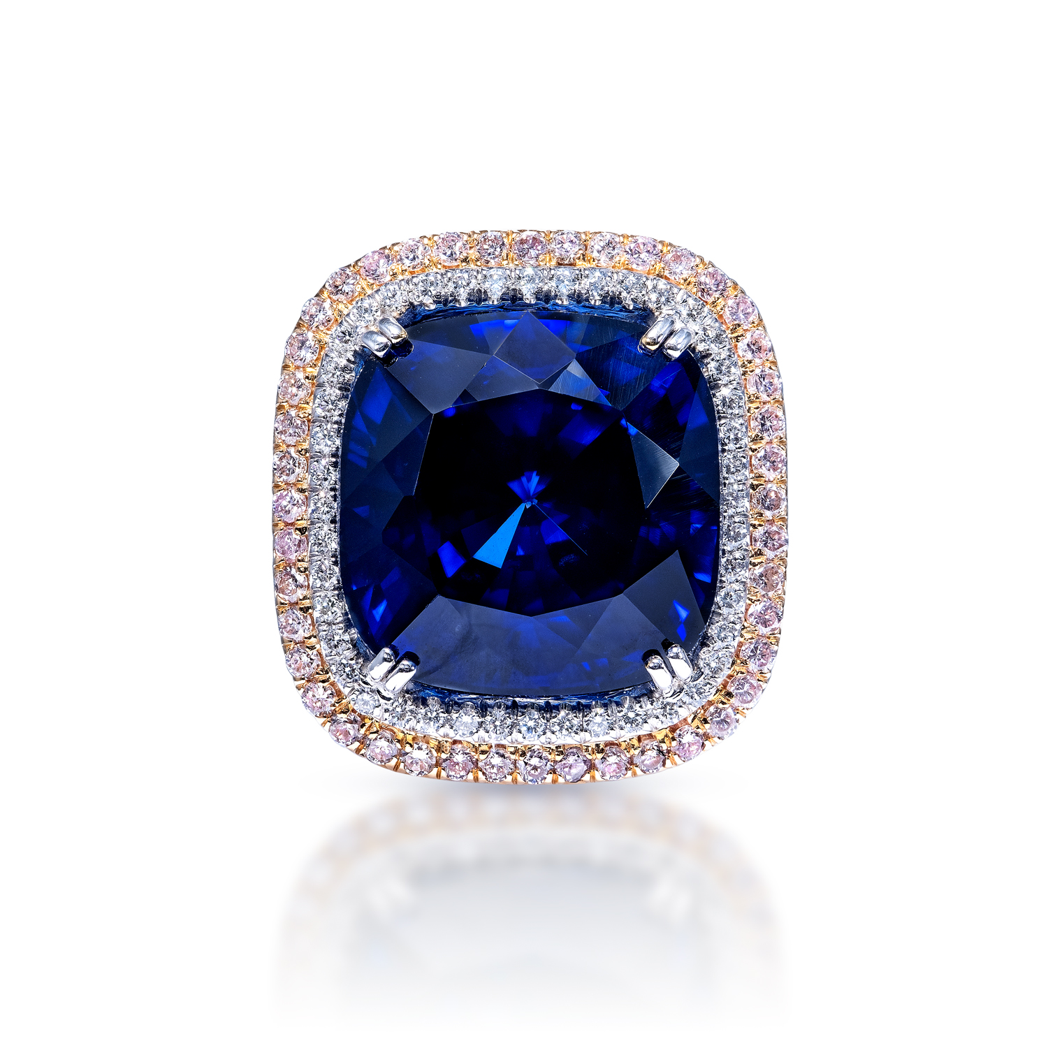 Fiona Carat Cushion Cut Blue Sapphire Ring with Diamond Double Halo in Platinum