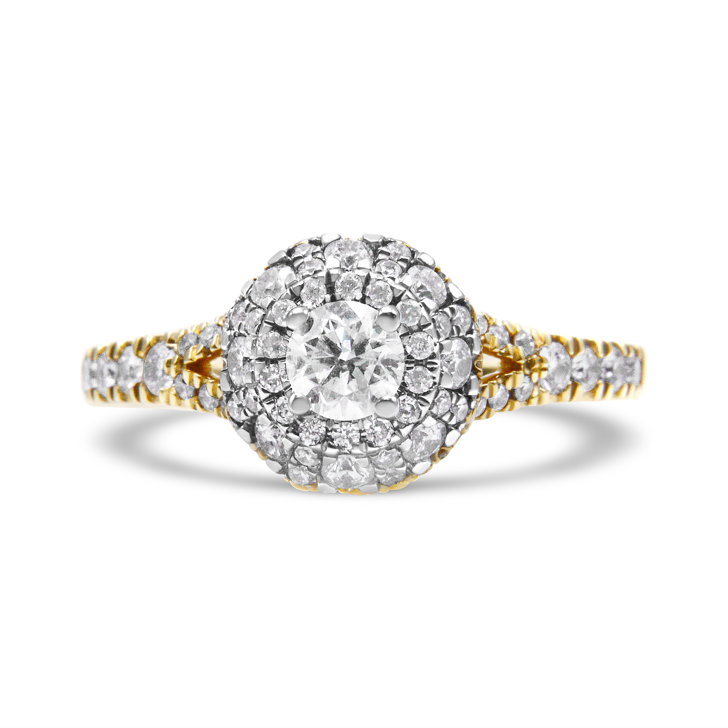 True 14K Yellow and White Gold 1.00 Cttw Split Shank Halo Floral Diamond Engagement Ring ( I-J Color, I1-I2 Clarity) - Size 7