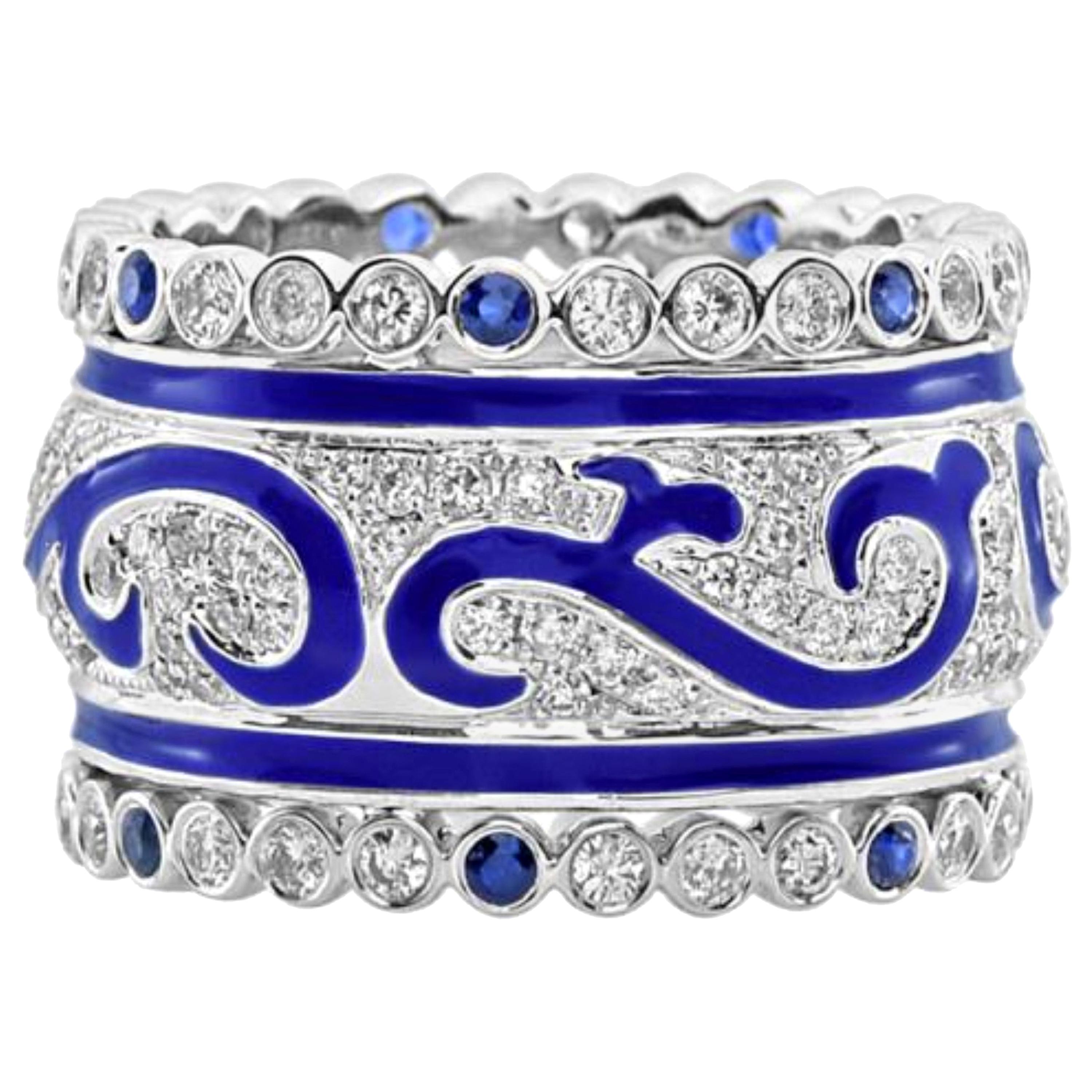 1.62 Carat White Diamond and Sapphire Enamel 18 Karat White Gold Ring