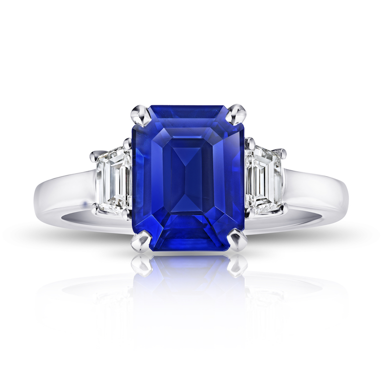 David Gross Emerald Cut Blue Sapphire and Diamond Ring