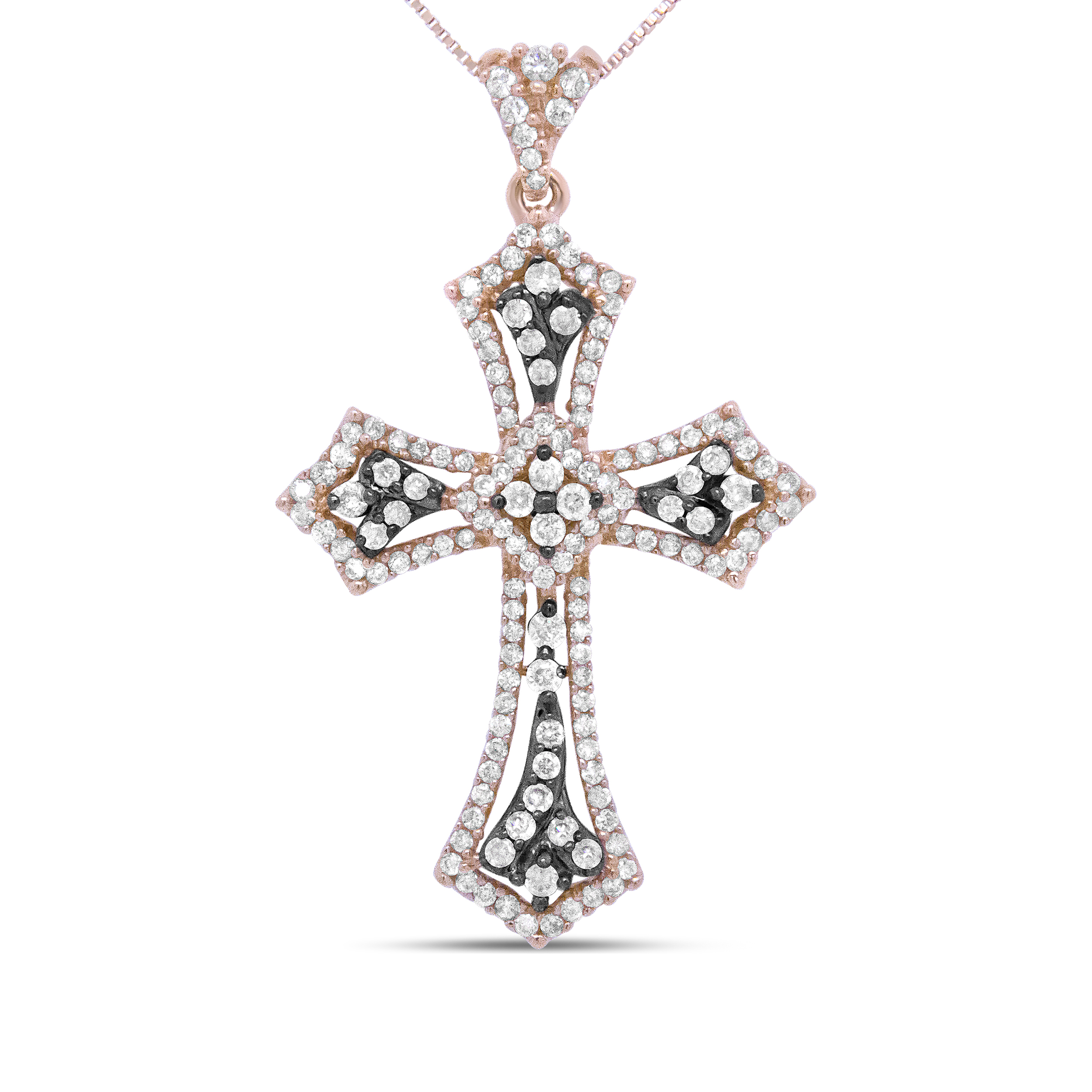 14K Rose Gold and Black Rhodium 1.0 Cttw Diamond Ornate Vintage St. James Budded Cross Pendant 18" Necklace - (Brown/H-I Color, SI1-SI2 Clarity)