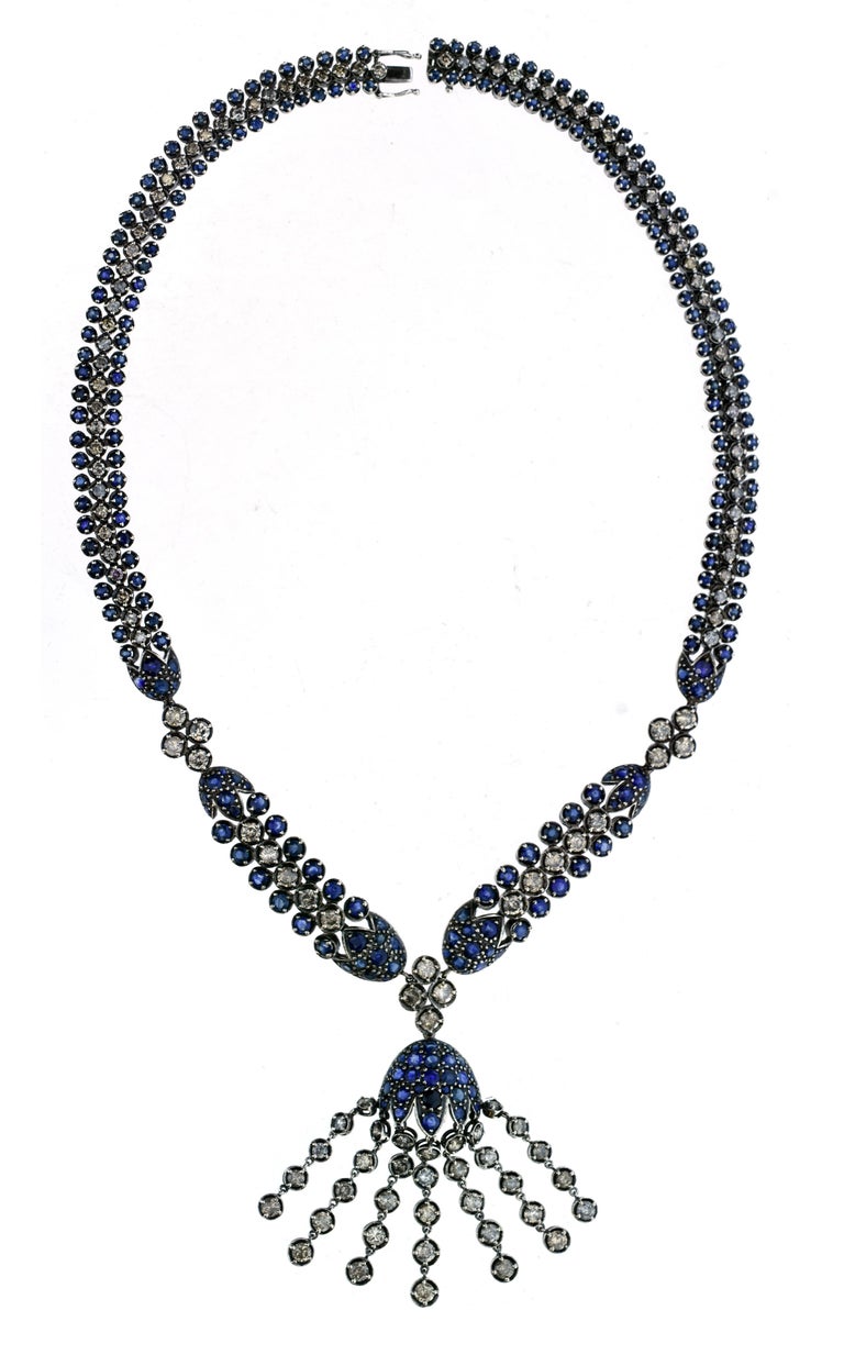 34.69 Carat Blue Sapphire and White Diamond Fringe Statement Necklace