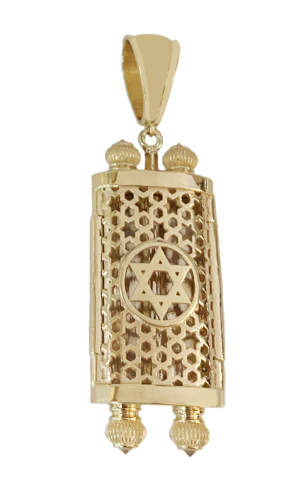 Yellow Gold Torah Pendant with Blue Enamel and Diamonds