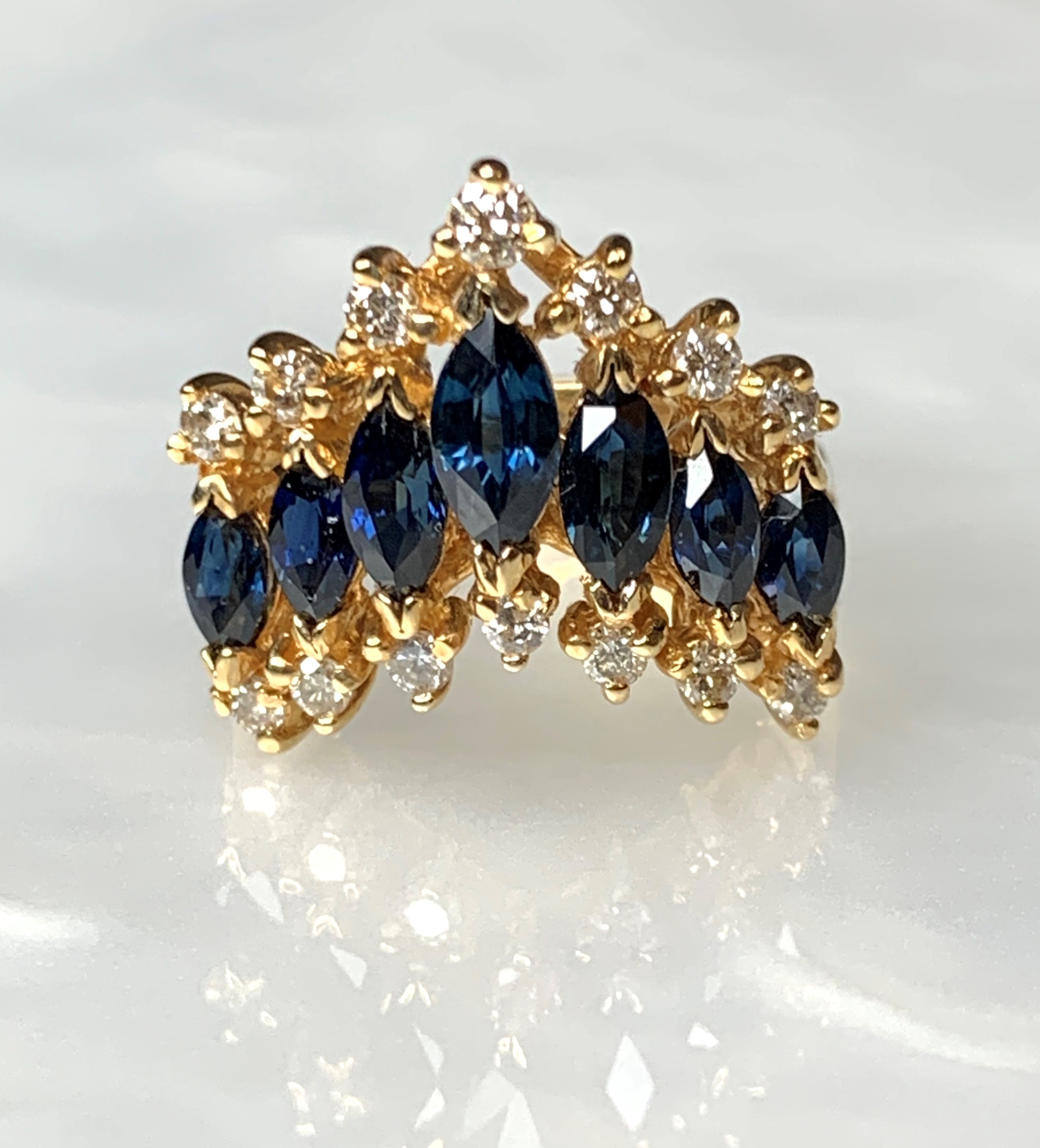 14K Yellow Gold Marquise Cut Blue Sapphire Diamond Ring