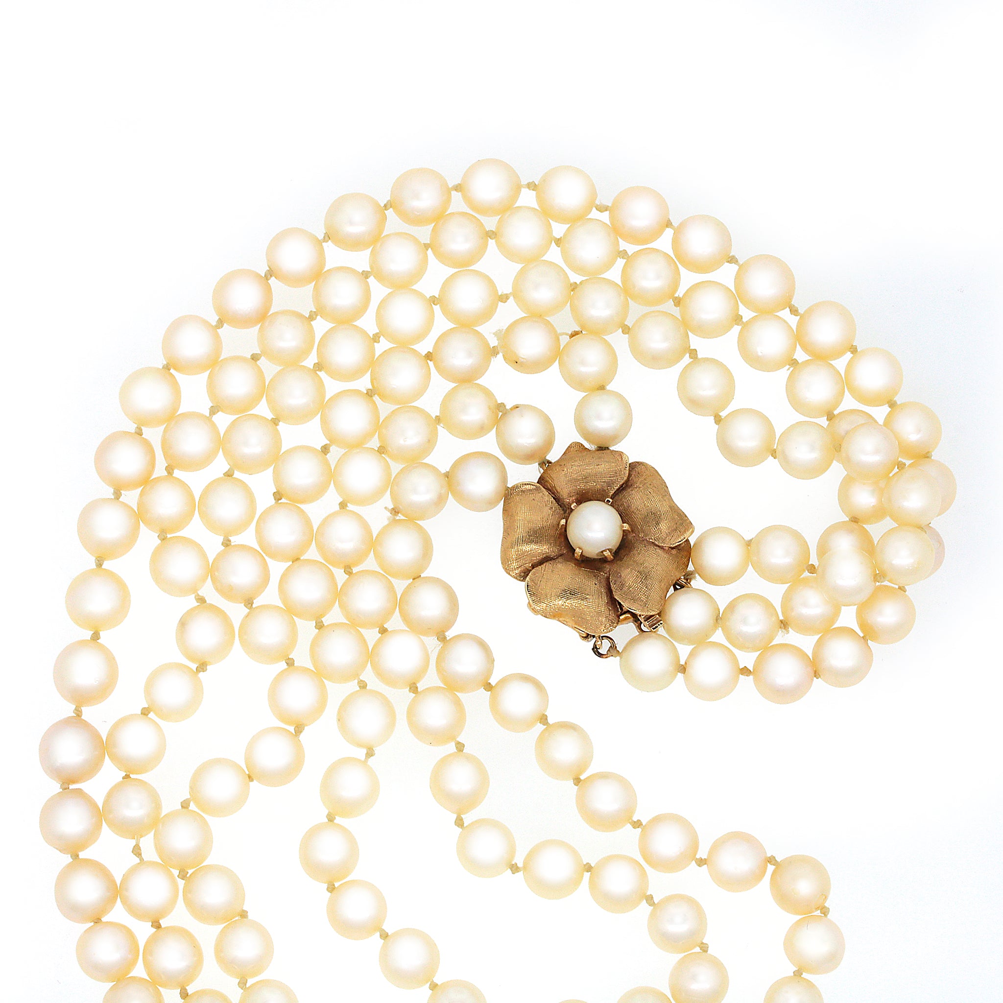 Triple Strands Nesting Pearl Necklace with Gold Flower Clasp
