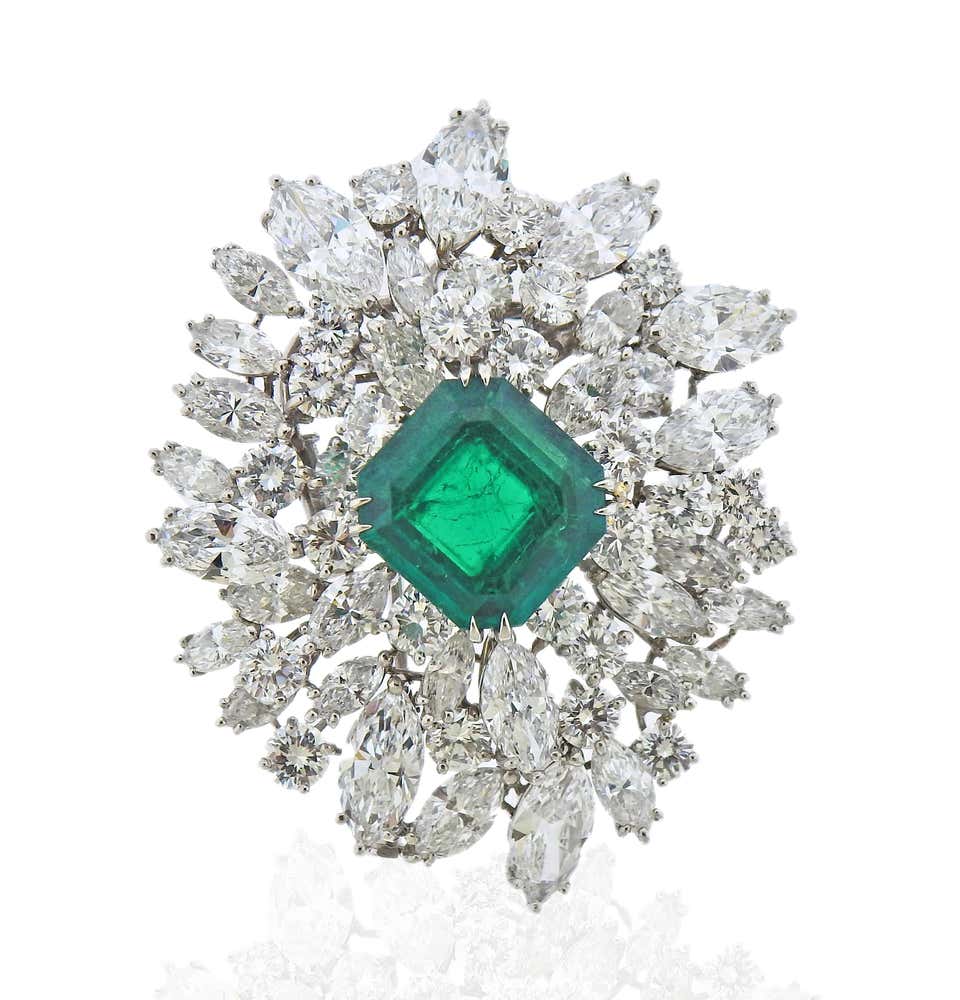 Bulgari Certified 6.61 Carat Colombian Emerald Diamond Platinum Brooch