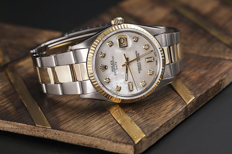 Rolex Date 34mm White Mother of Pearl 8+2 Diamond Accent Dial 2 Tone Oyster Band