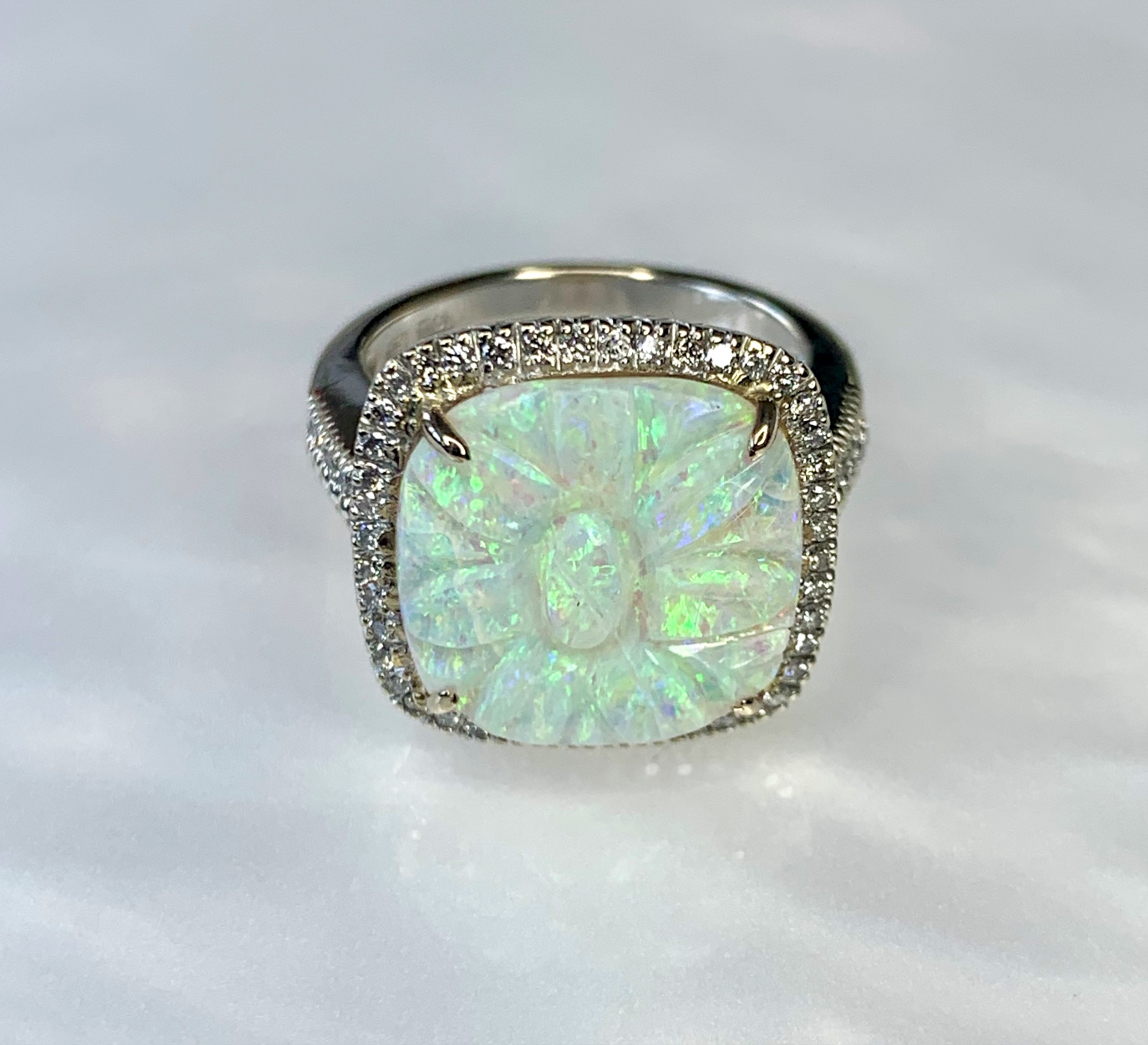 14K White Gold Cushion Cut Australian Opal Diamond Ring