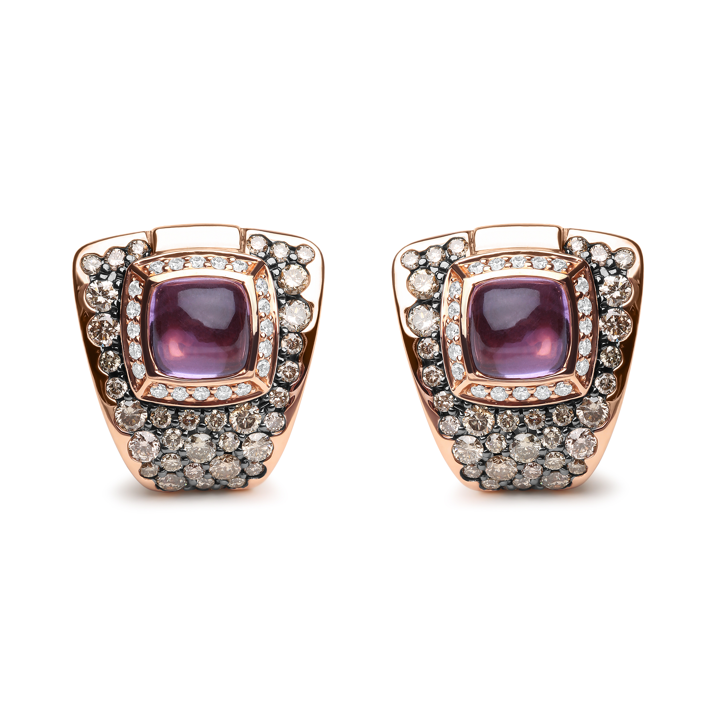 18K Rose Gold 1 1/2 Cttw Round Diamond and 7mm Cushion Cut Purple Amethyst Gemstone Geometrical Statement Stud Earrings (Brown and G-H Color, SI1-SI2 Clarity)