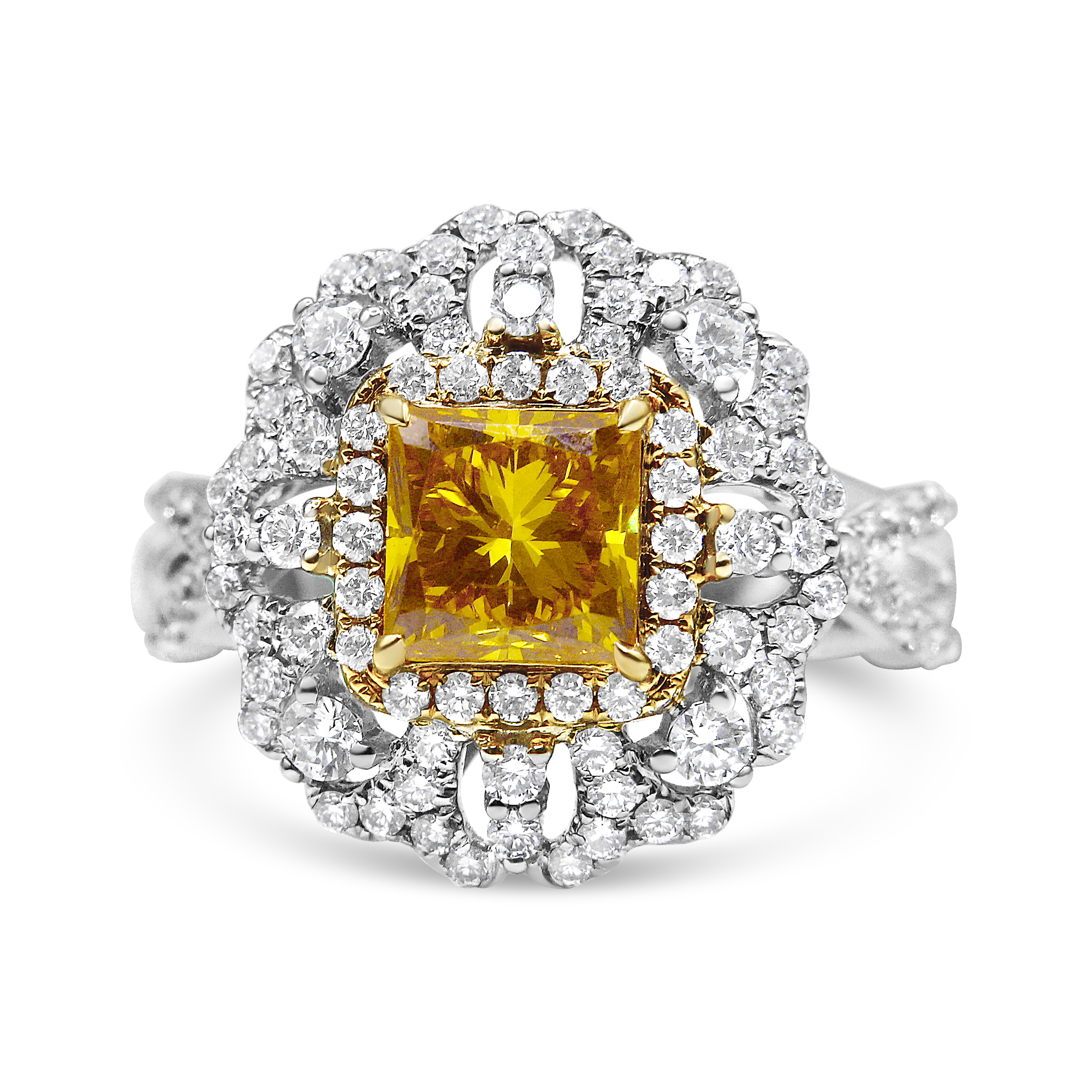 18K Yellow and White Gold 2.35 Cttw Yellow Princess Lab Grown Center Diamond Cluster Halo Cocktail Ring (Yellow/G-H Color, VS1-VS2 Clarity) - Size 6.25