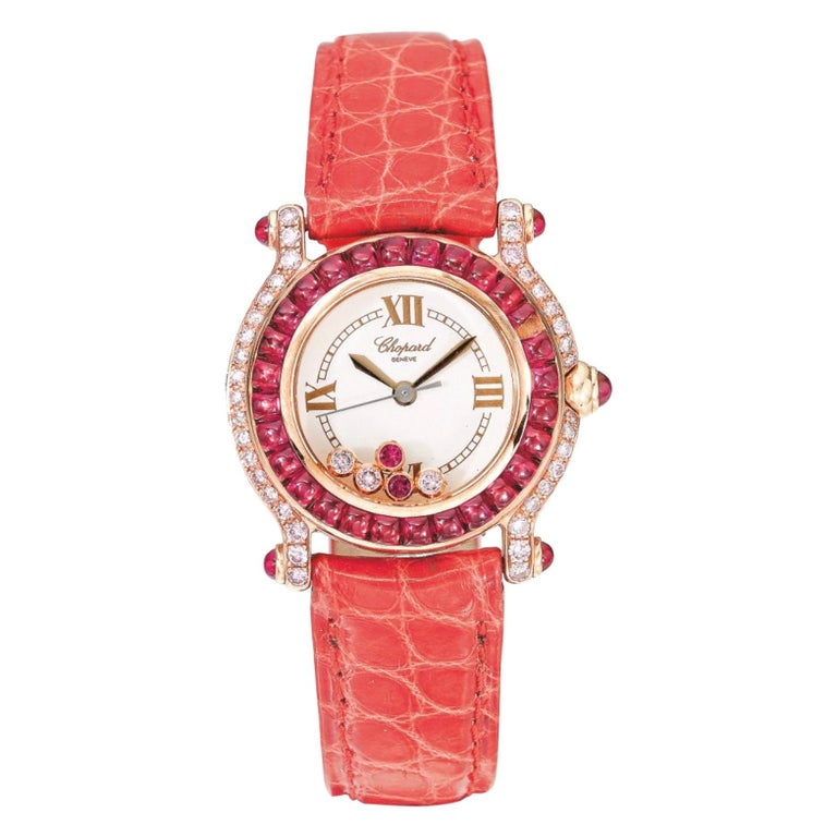 Chopard Happy Sport Ladies Pink Diamond Ruby Set Watch with Box