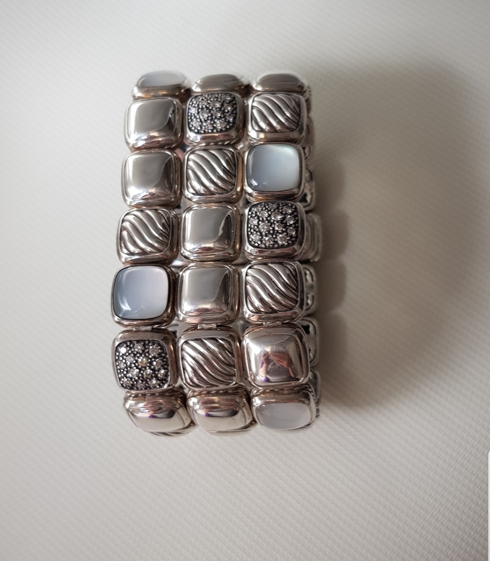 David Yurman Chiclet Three Row Bracelet With Moon Quartz and Diamonds