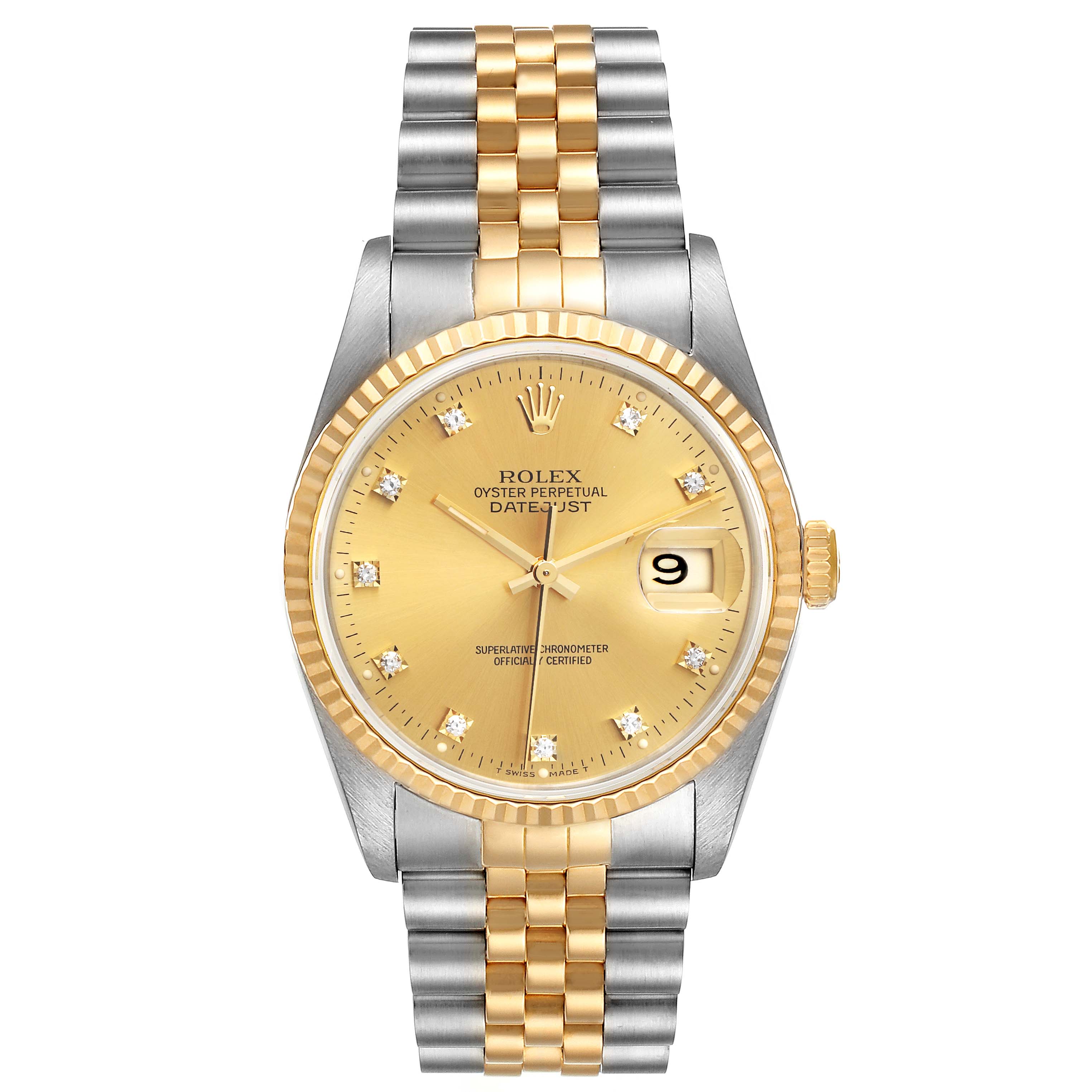 Rolex Datejust Steel Yellow Gold Champagne Diamond Dial Mens Watch 16233