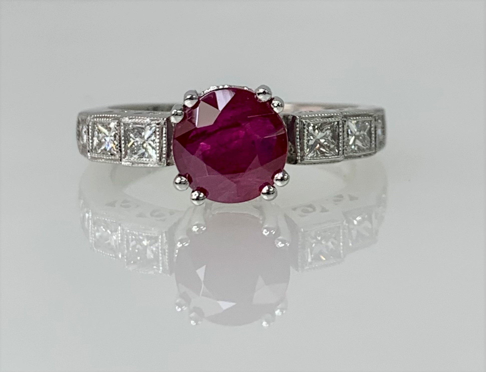 14K White Gold Round Shaped Ruby Diamond Engagement Ring