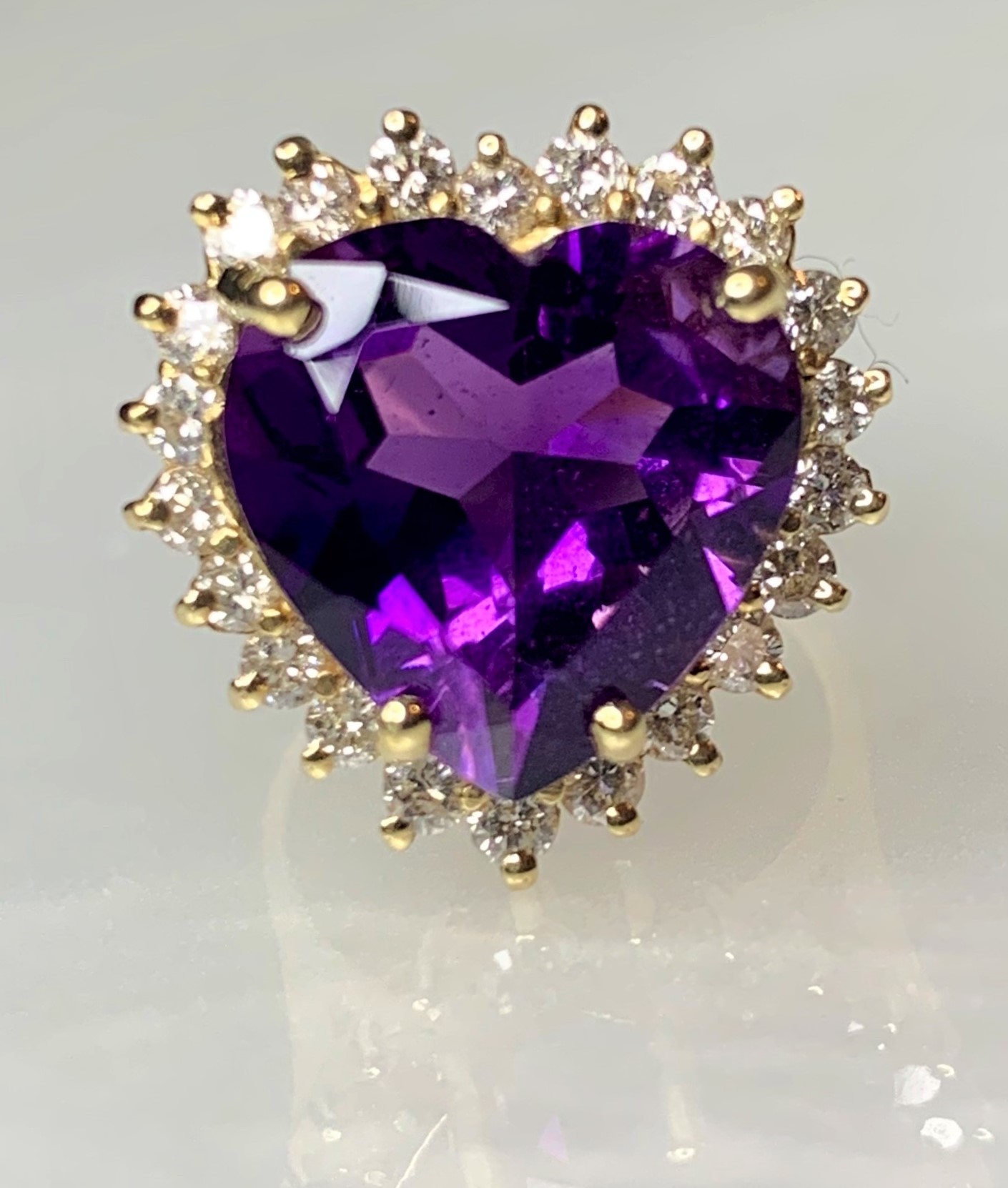 14K Yellow Gold Heart Shaped Amethyst Cocktail Diamond Ring