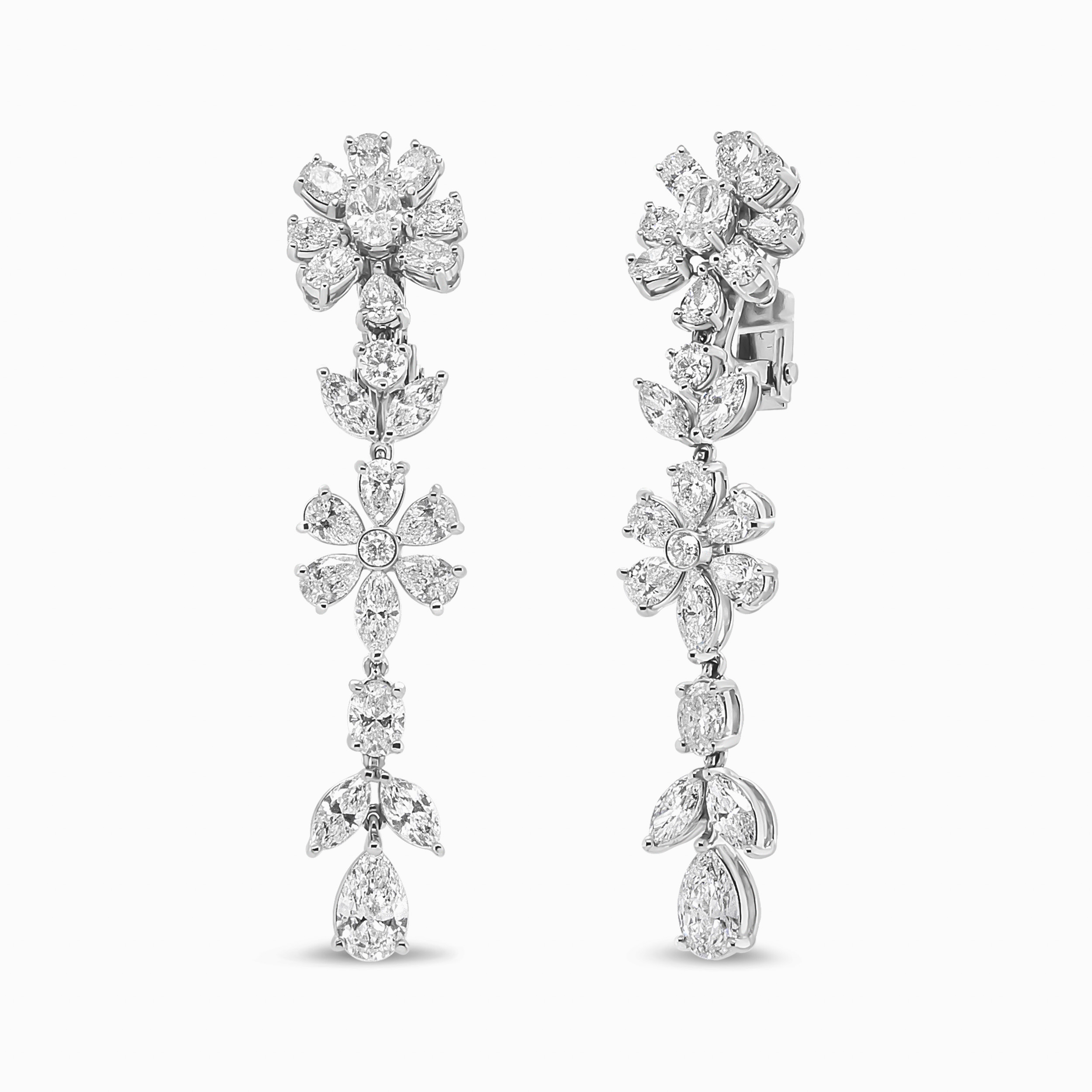 18K White Gold 10 1/4 Cttw Fancy Diamond Mixed Cluster Floral Dangle Drop Earrings (VS1-VS2 Clarity, G-H Color)
