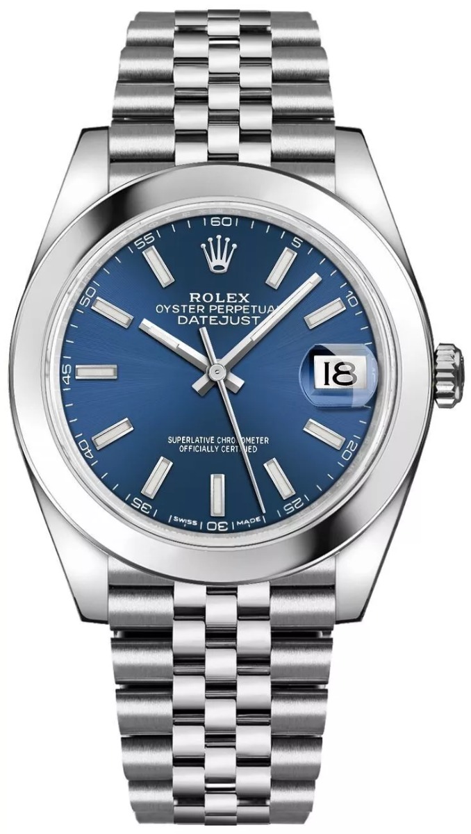 Rolex Datejust 41 Blue Baton Dial Mens Self-Winding Date Smooth Bezel Watch