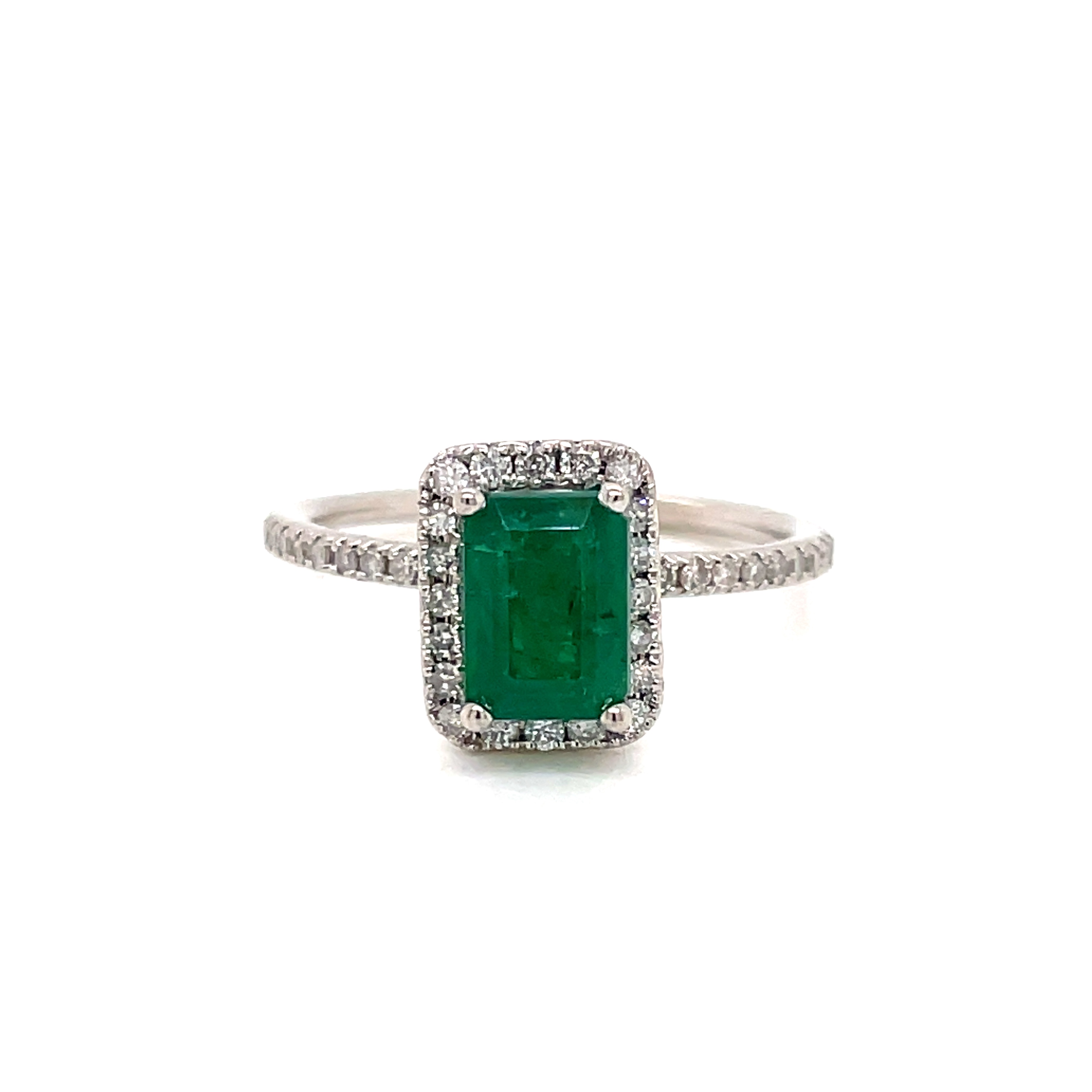 Emerald-Cut Emerald and 1/3 Ct. Tw. Diamond Frame Ring in 14K White Gold