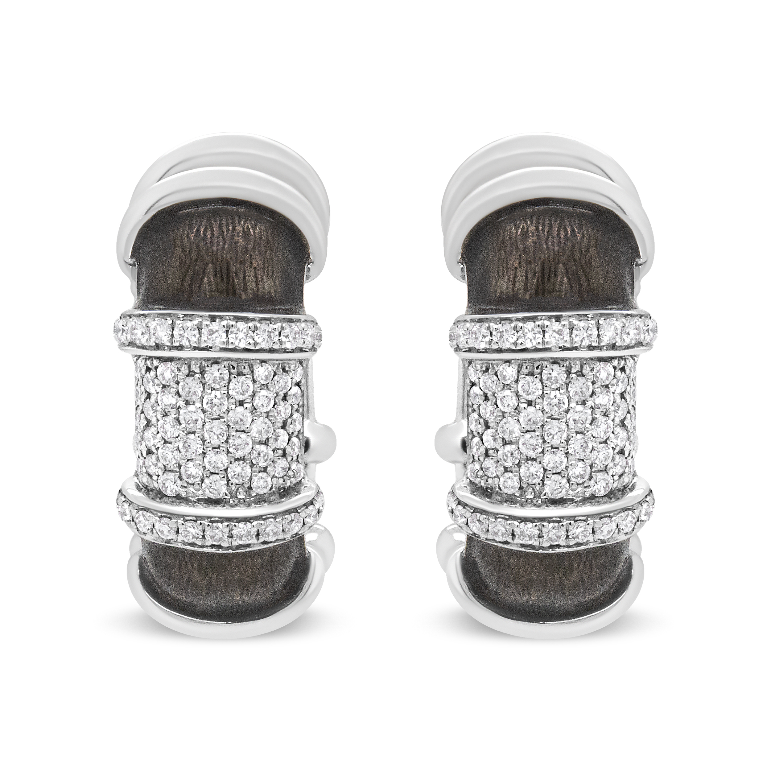 18K White Gold Flash Plated .925 Sterling Silver Clear Graphite Grey Enamel 5/8 Cttw Round Diamonds Huggie Hoop Earrings (F-G Color, VS1-VS2 Clarity)