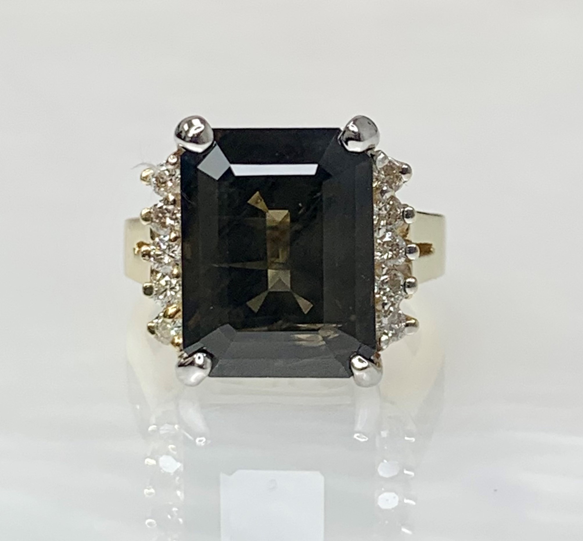 14K Yellow Gold Emerald Cut Brown Sapphire Diamond Ring