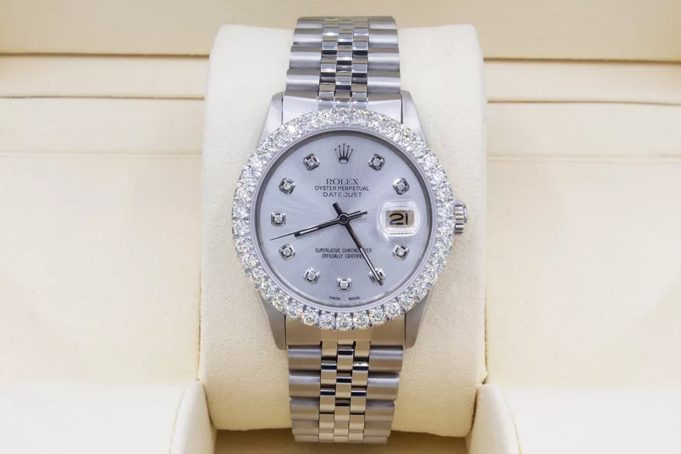Rolex Datejust 36mm Custom 3ct Diamond Bezel  Silver Dial Automatic Quickset