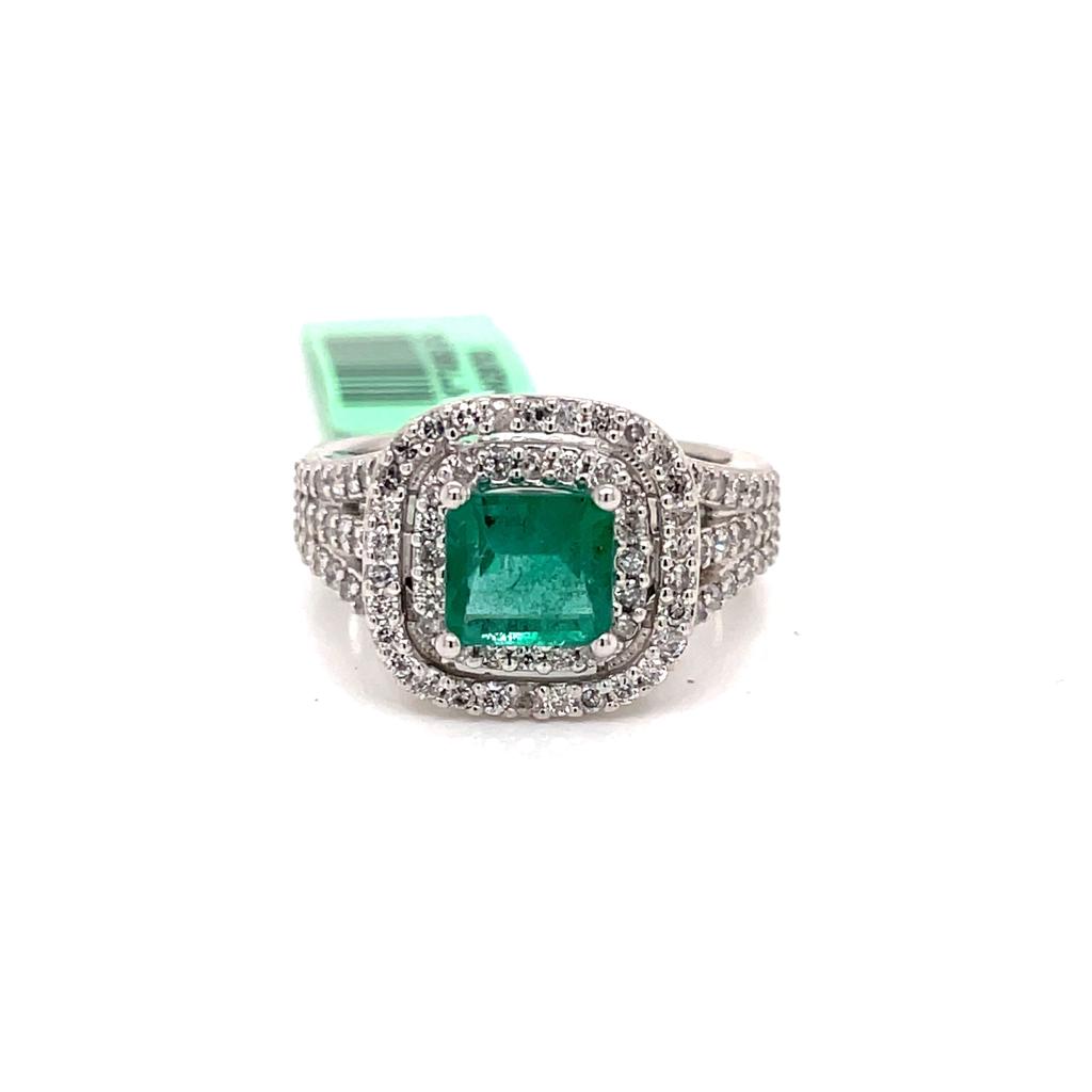 Princess-Cut Emerald and Diamonds Double Frame Ring In 14K White Gold