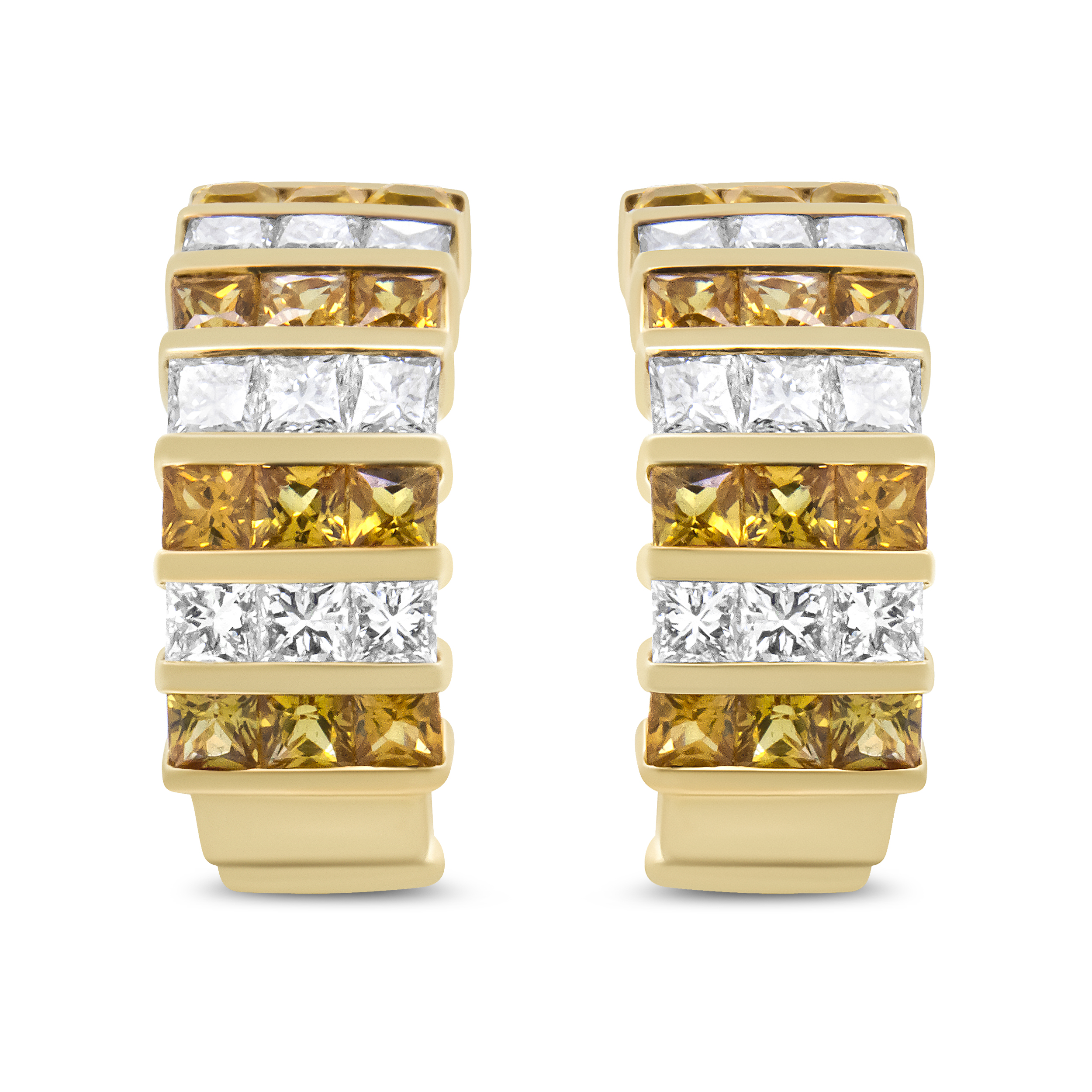 18K Yellow Gold 1 3/4 Cttw Invisible Set Princess Cut Diamond and 2.5mm Yellow Sapphire Huggie Hoop Earrings (F-G Color, VS1-VS2 Clarity)