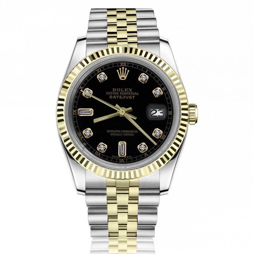 Rolex 36mm Datejust Black Dial with Baguettes 69 18k Yellow Gold Stainless Steel Watch