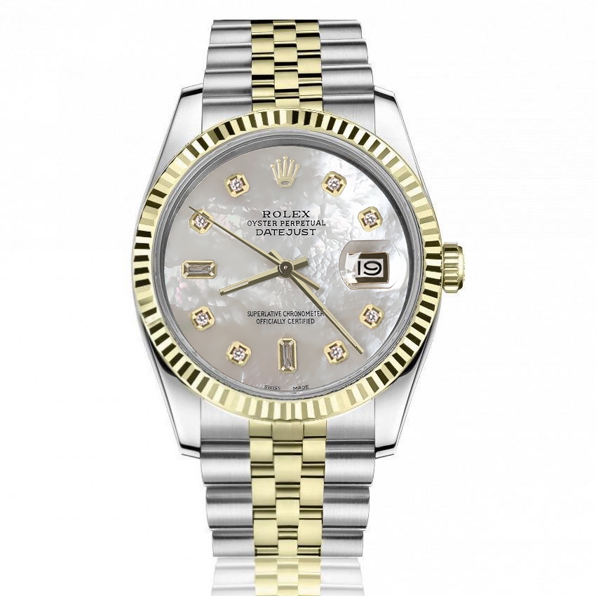 Rolex 36mm Datejust White Mother Of Pearl with Baguette Round Diamond Dial Fluted Bezel 16233