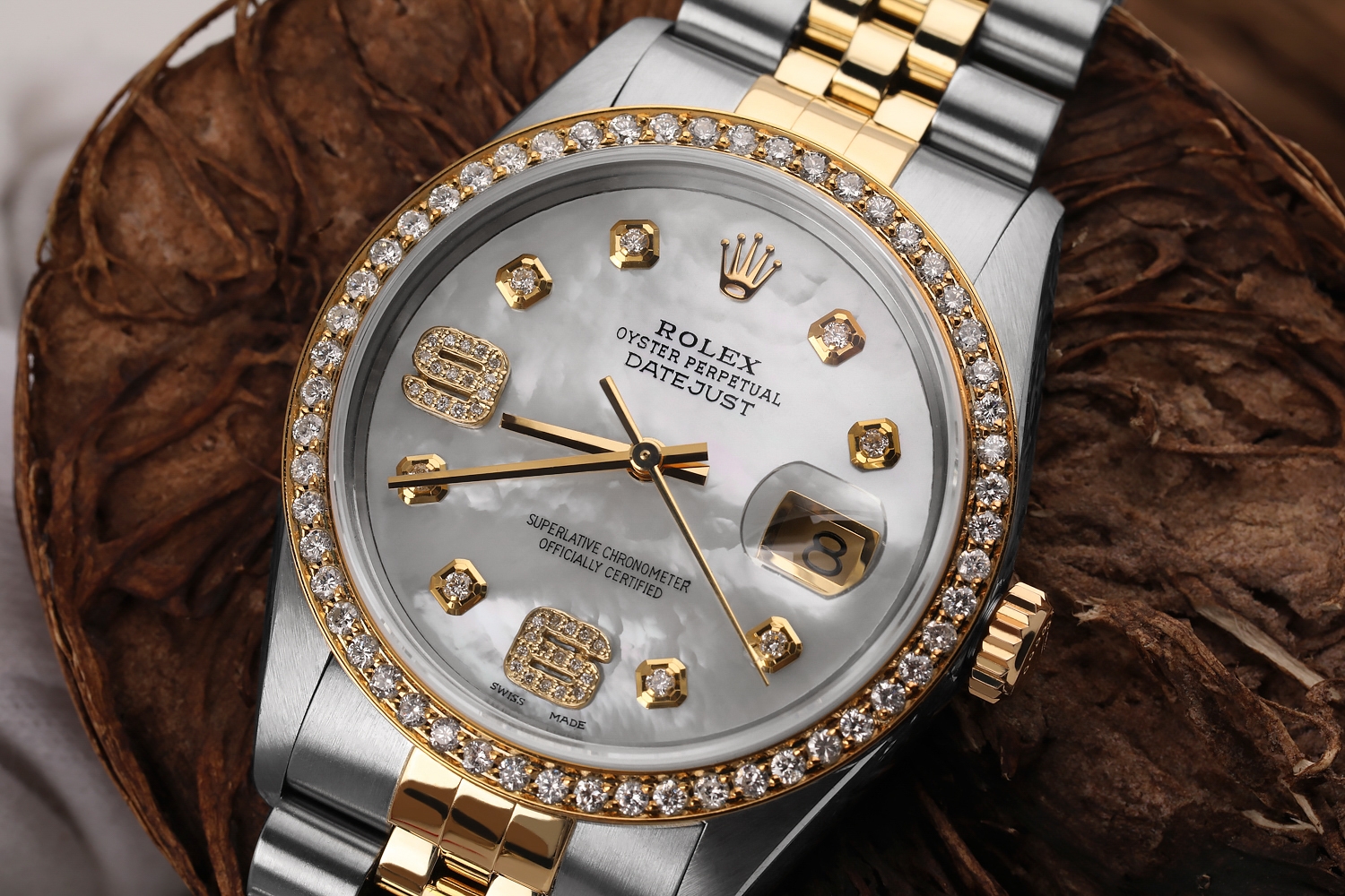 Rolex Oyster Perpetual 36mm Datejust Diamond Bezel White Mother Of Pearl  Dial with Diamond 6 & 9 Numbers 16233 | Buy at TrueFacet