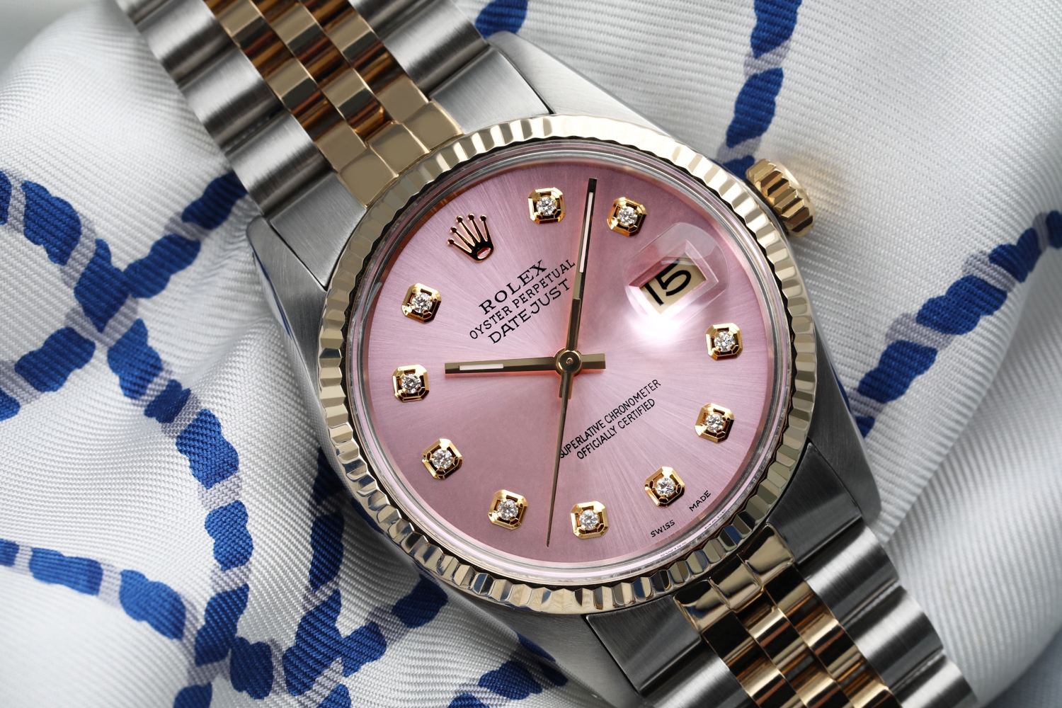 Rolex 36mm Datejust Metallic Pink Diamond Dial 18k Yellow Gold