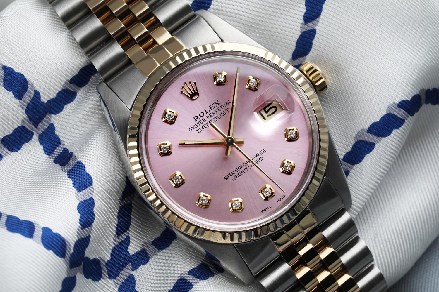 Rolex 36mm Datejust Metallic Pink Diamond Dial 18k Yellow Gold