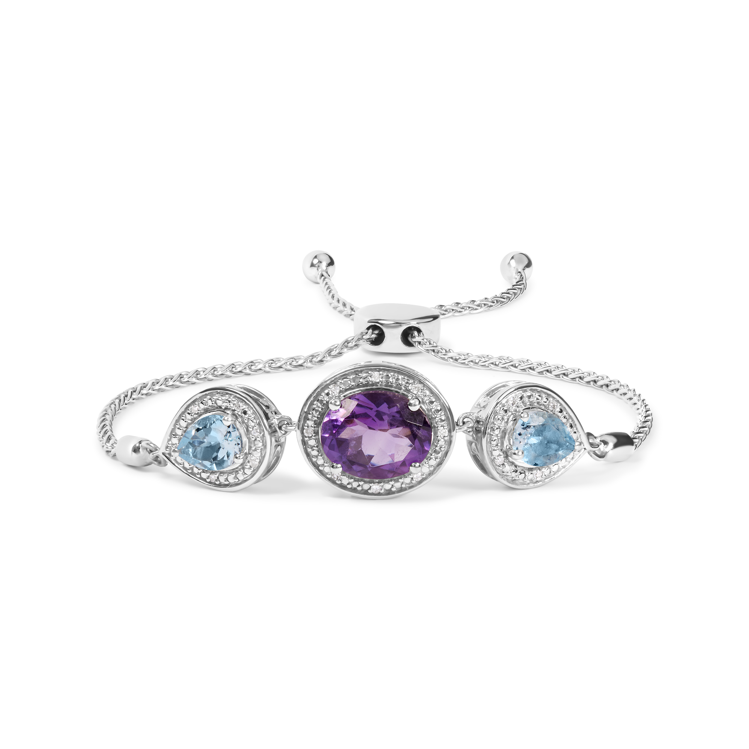 True .925 Sterling Silver Oval Amethyst and Pear Blue Topaz with Diamond Accent Lariat 4”-10” Adjustable Bolo Bracelet (H-I Color, SI1-SI2 Clarity)