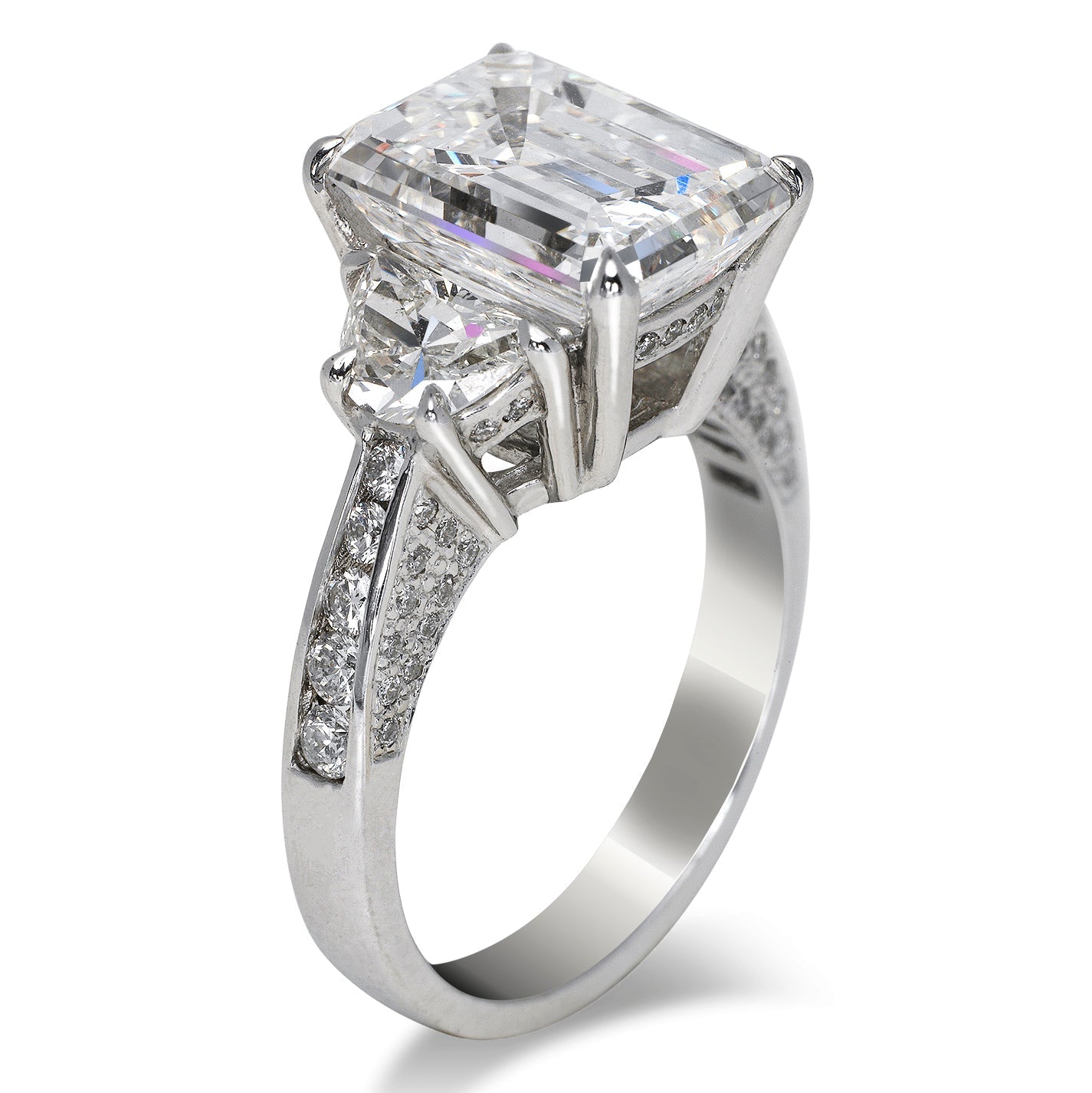 7 CARAT EMERALD CUT THREE STONE DIAMOND ENGAGEMENT RING  14K WHITE GOLD CERTIFIED 5 CT BY MIKE NEKTA