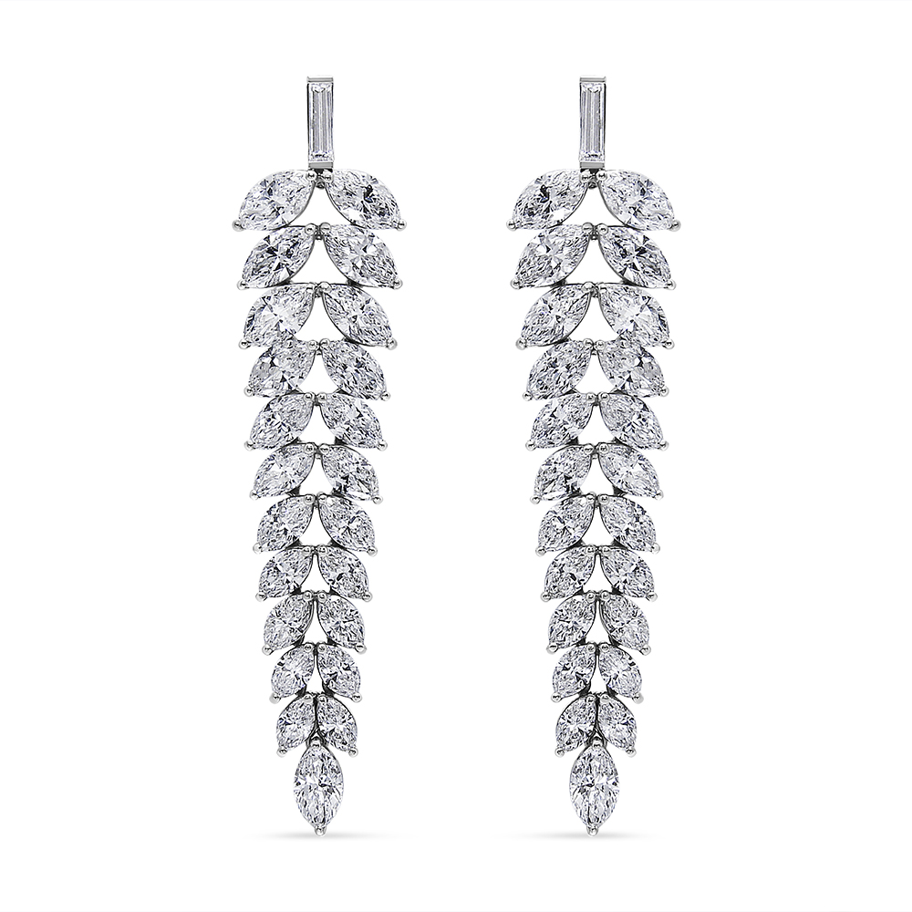 18K White Gold 16.00 Cttw Marquise and Baguette Diamond Leaf Shape Chandelier Drop and Dangle Stud Earrings (F-G Color, VS2-SI1 Clarity)
