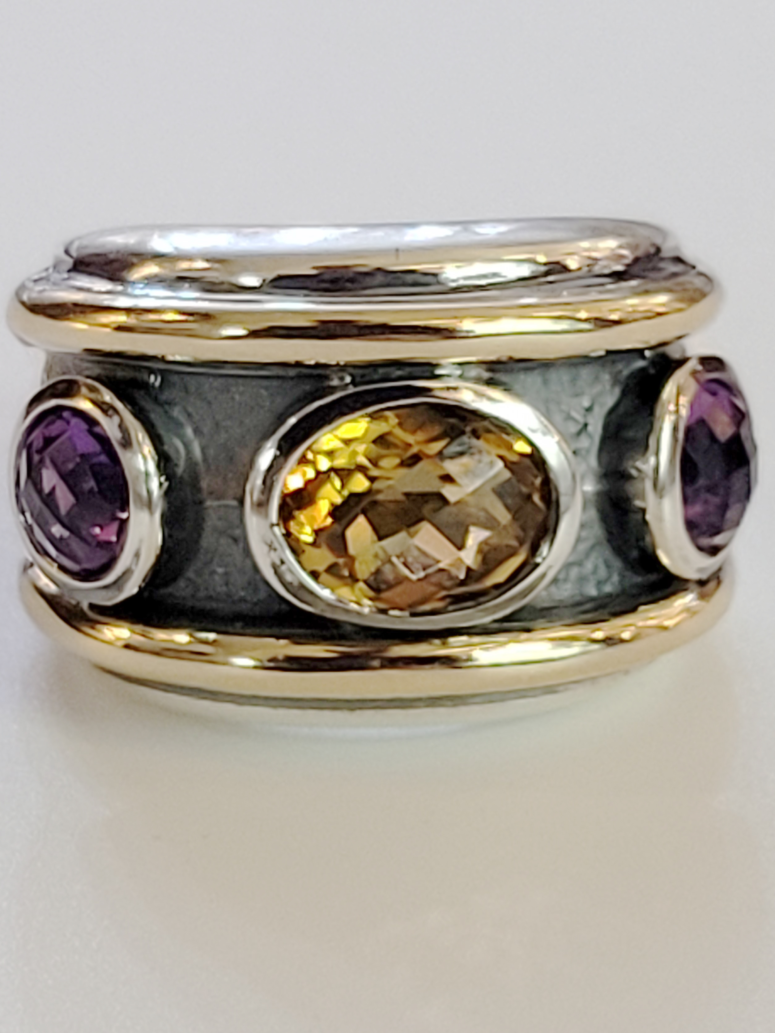 David Yurman Renaissance 3 Stone Citrine & purple Sterling Silver& Goldband ring
