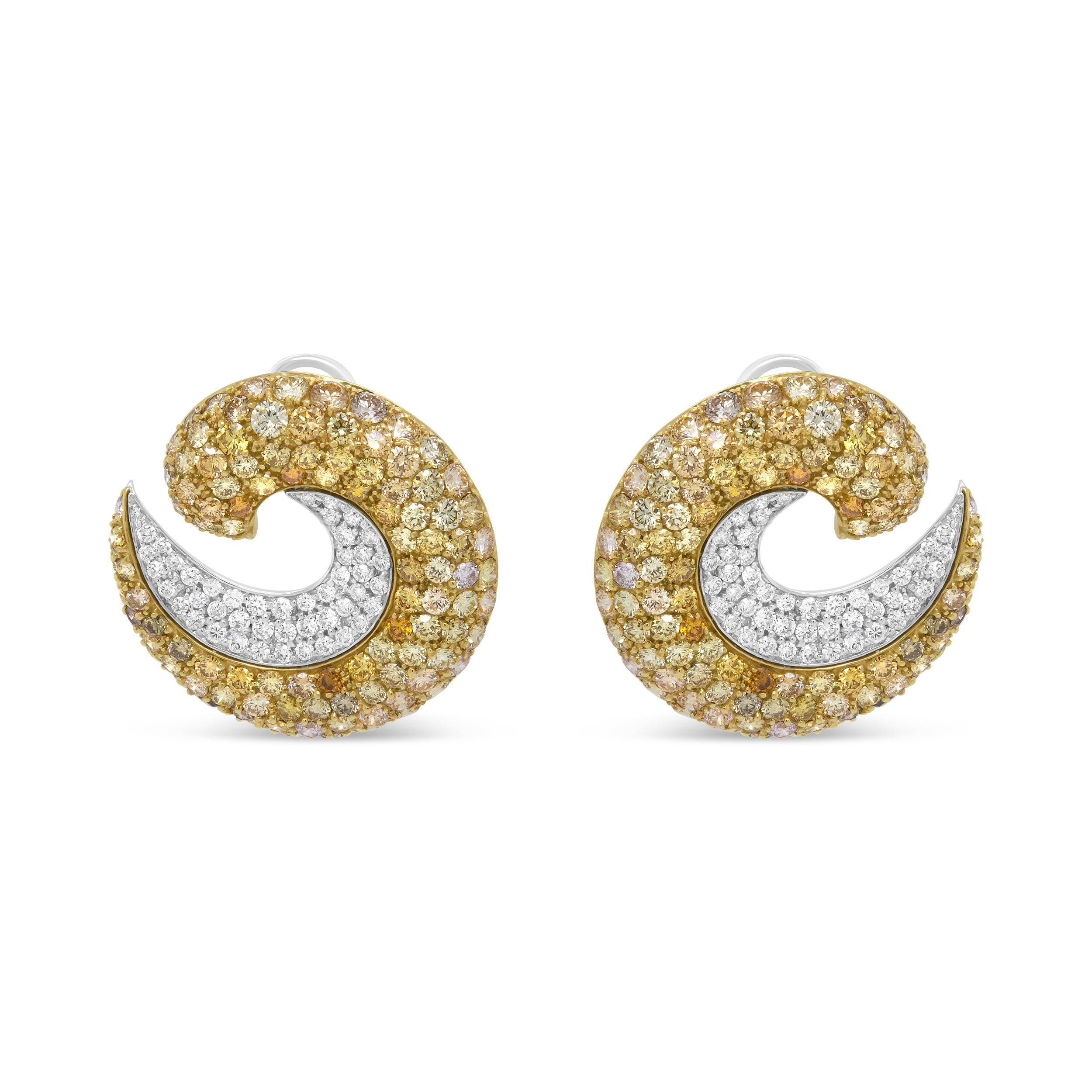 18K Yellow Gold 18.0 Cttw Mixed Fancy Color Pave-Set Diamond Double Swirl Hoop Earrings (Mixed Color, VS2-SI1 Clarity)
