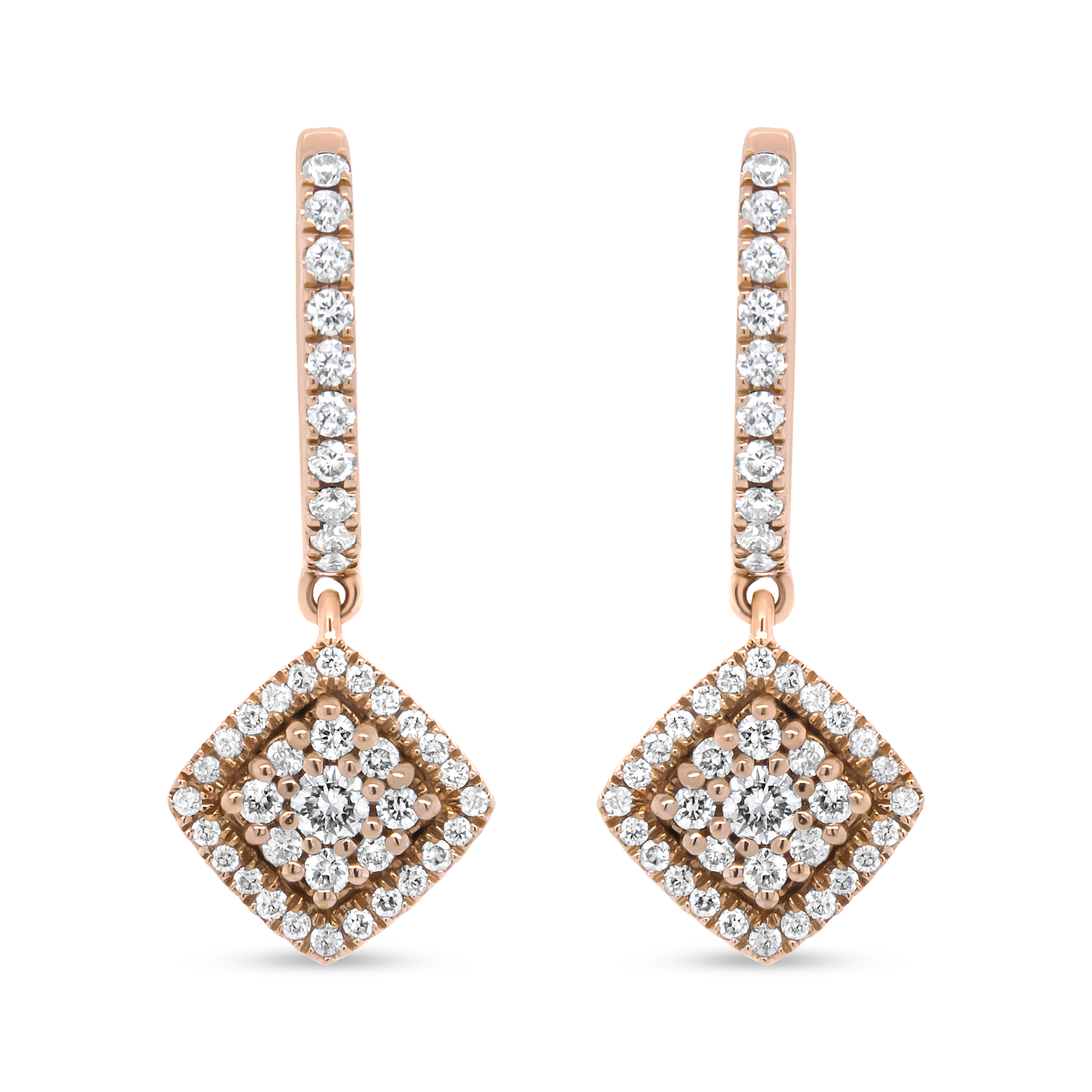 18K Rose Gold 1/2 Cttw Round Diamond Halo Cluster Dangle Drop Earrings (F-G Color, VS1-VS2 Clarity)