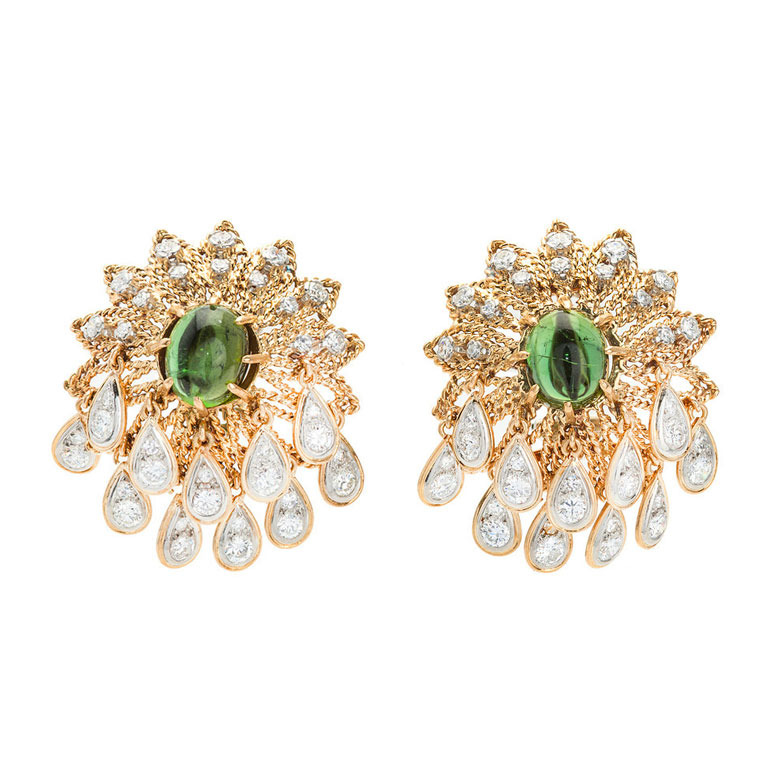 18K Yellow and White Gold Green Tourmaline  Diamond Earrings 