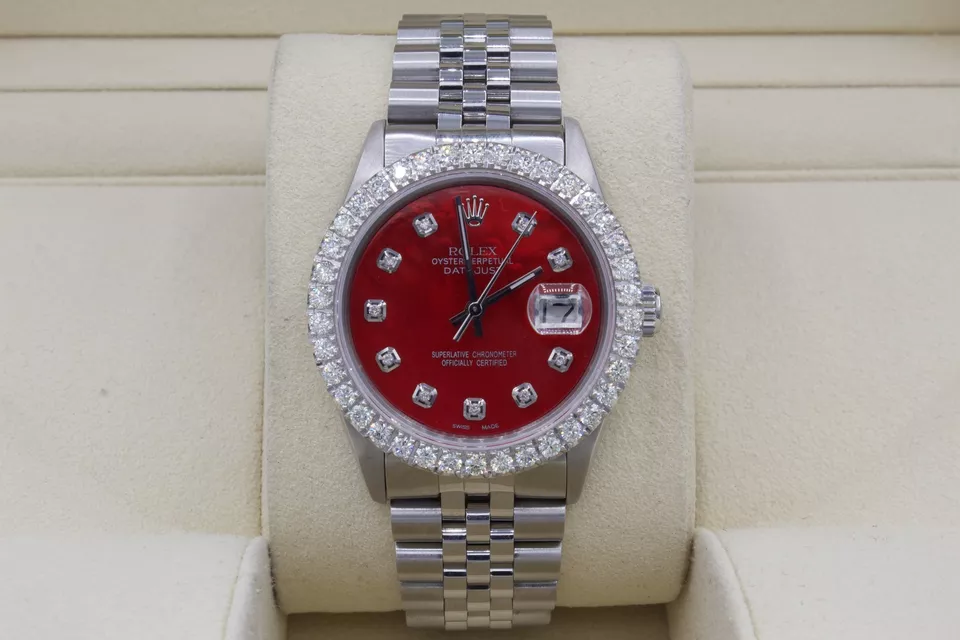 Rolex Datejust 36mm Custom 3ct VS Diamond Bezel  Red MOP Dial S/S Quickset