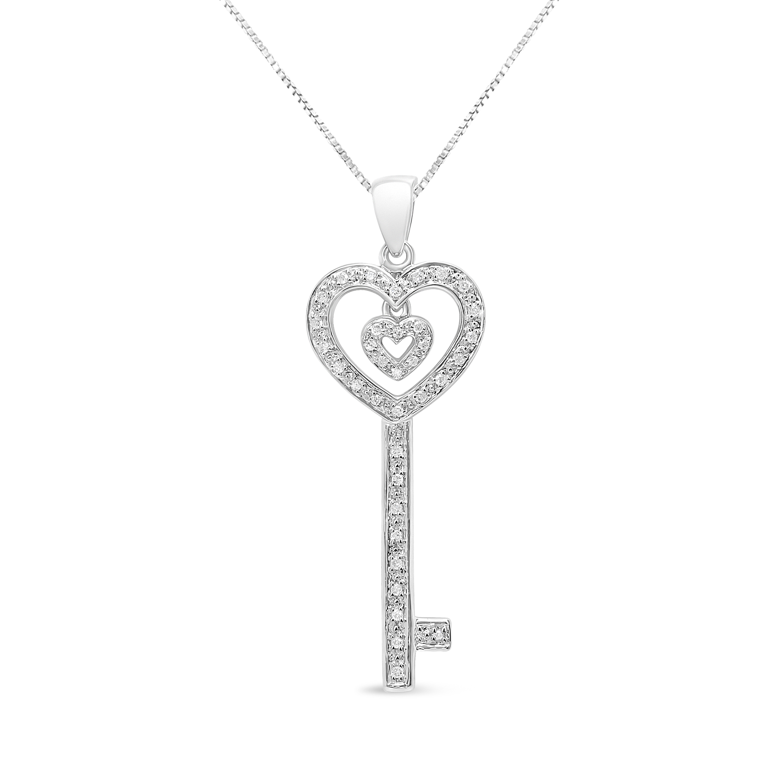 .925 Sterling Silver 1/5 Cttw Round-Cut Diamond Double Heart  Key 18" Pendant Necklace (I-J Color, I3 Clarity)