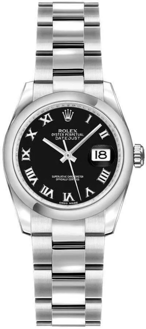 Pristine Rolex Date just 26mm Black Face Oystersteel Womens Roman Dial Watch