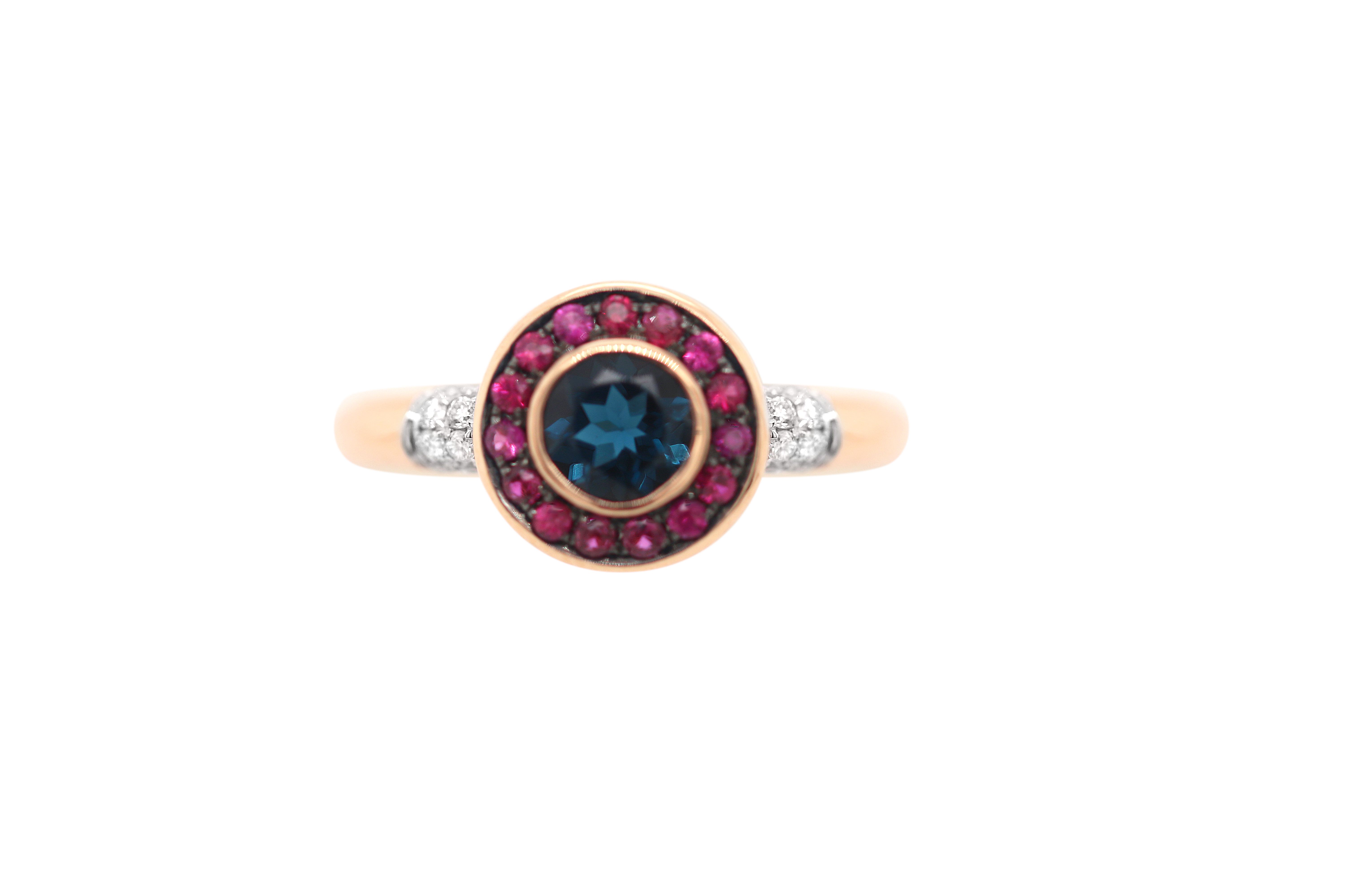 18k Rose Gold Topaz, Ruby and Diamond Ring