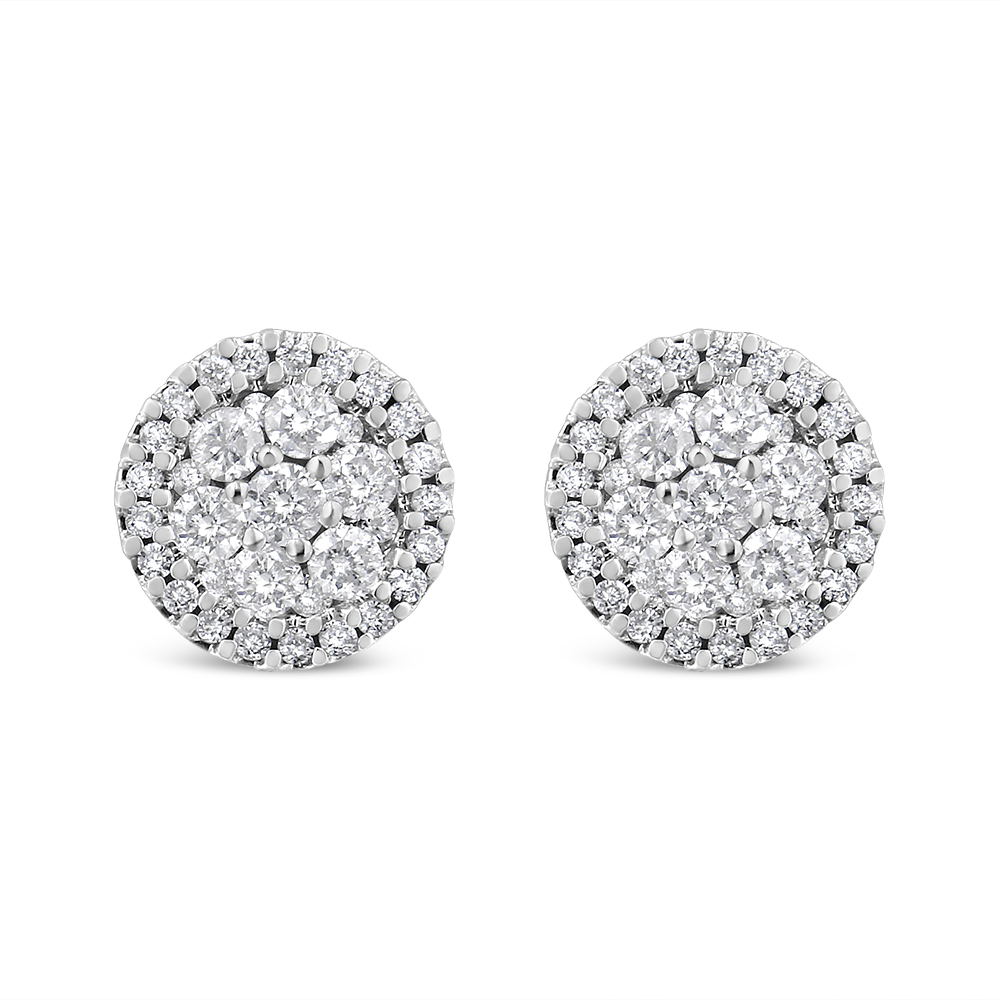 True AGS Certified 14K White Gold 1.0 Cttw Brilliant-Cut Diamond Halo-Style Cluster Round Button Stud Earrings (G-H Color, I1-I2 Clarity)