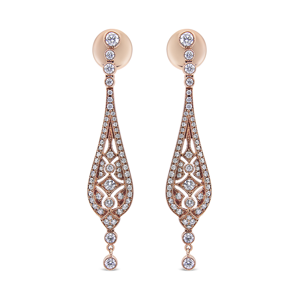18K Rose Gold 1 3/4 Cttw Diamond Milgrain Edged Vintage Art Deco Style Drop and Dangle Earring (F-G Color, VS1-VS2 Clarity)