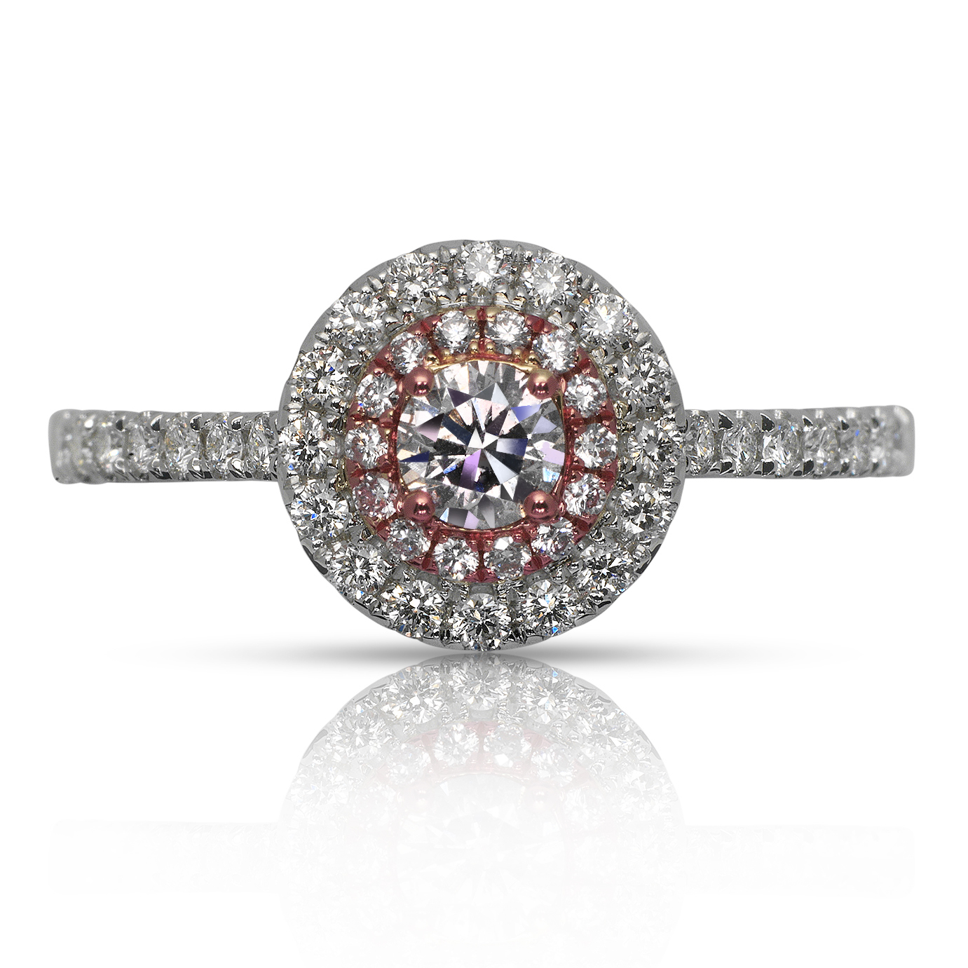 HALO ROUND CUT FANCY PINK DIAMOND ENGAGEMENT RING 18K ROSE WHITE GOLD GIA CERTIFIED 0.17 CT BY MIKE NEKTA