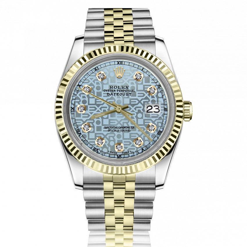 Rolex 36mm Datejust Discreet Jubilee Design Ice Blue Dial with Diamond Accent Fluted Gold Bezel 