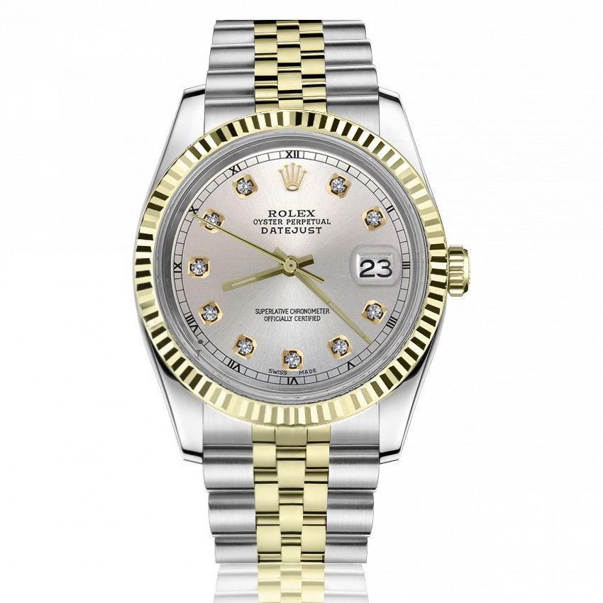 Rolex 36mm Datejust Classic Silver Diamond Dial Fluted Bezel 2 Tone Automatic Watch