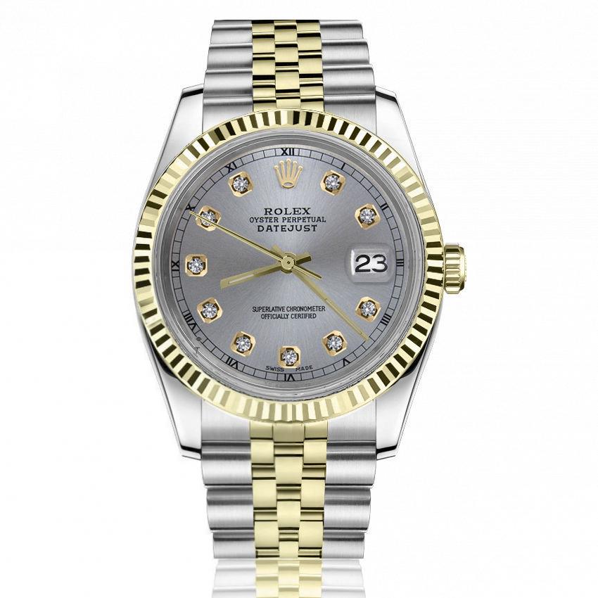Rolex 36mm Datejust Grey Dial with Diamonds 18k Yellow Gold Fluted Bezel Automatic Watch