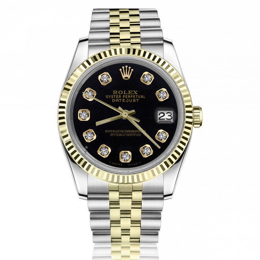 Rolex 36mm Datejust Black Diamond Accent Dial Swiss-Made Two Tone Jubilee Watch